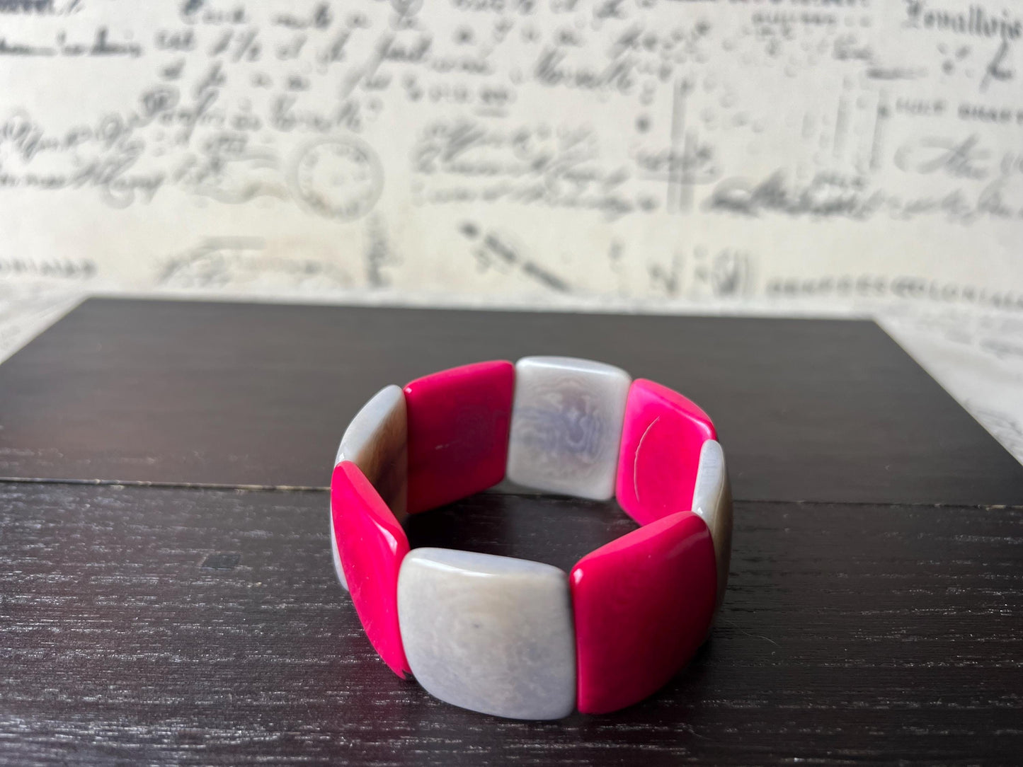 Gray and pink beaded bracelet Elastic stretch Tagua jewelry Geometric bracelet Artsy gifts Square bead bracelet Fall fashion Art to wear