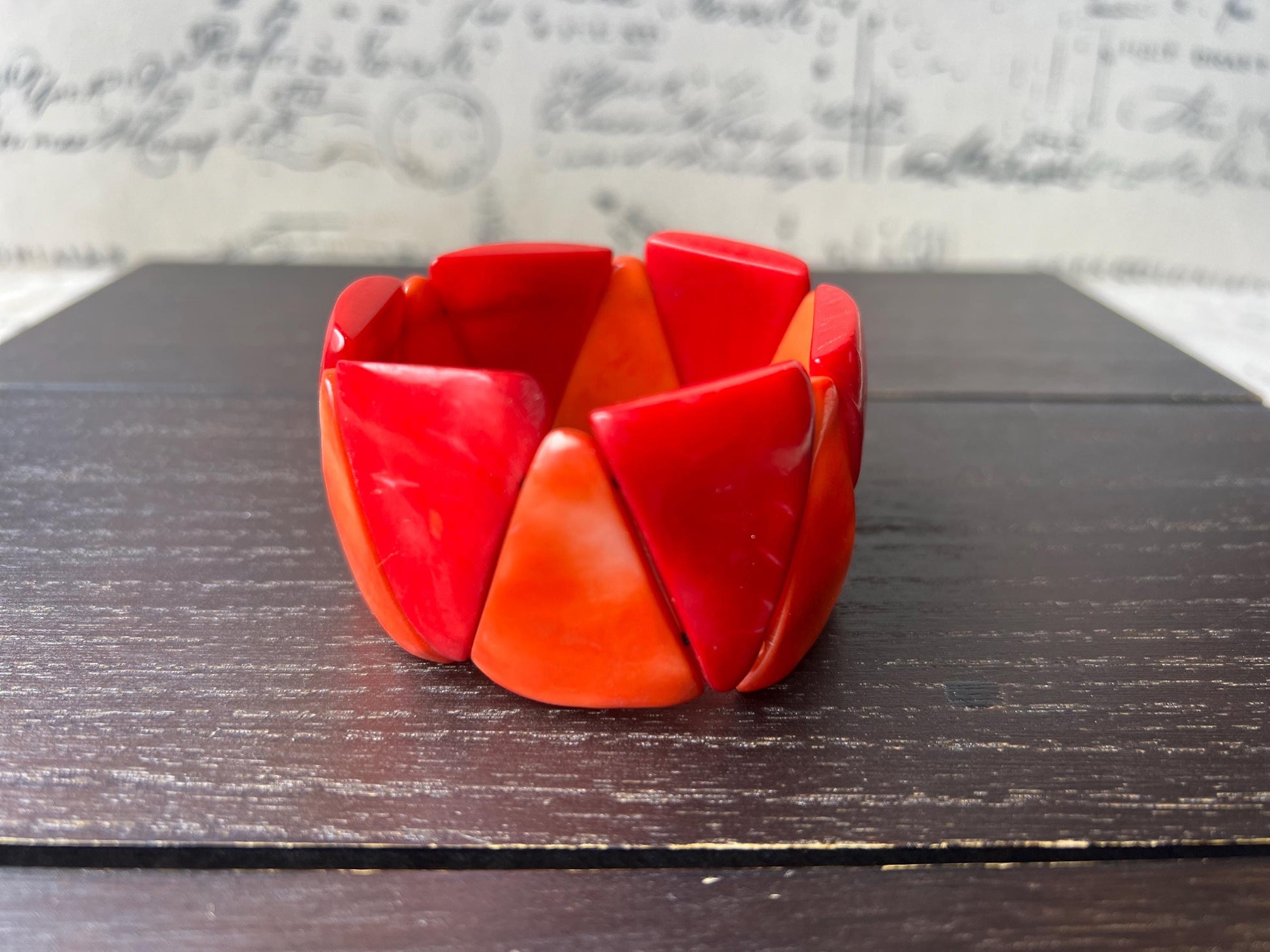 Red orange tagua bracelet Beaded stretch bangle Adjustable bracelet Huge beaded bangle Fall fashion trends Wearable art Elastic bangle