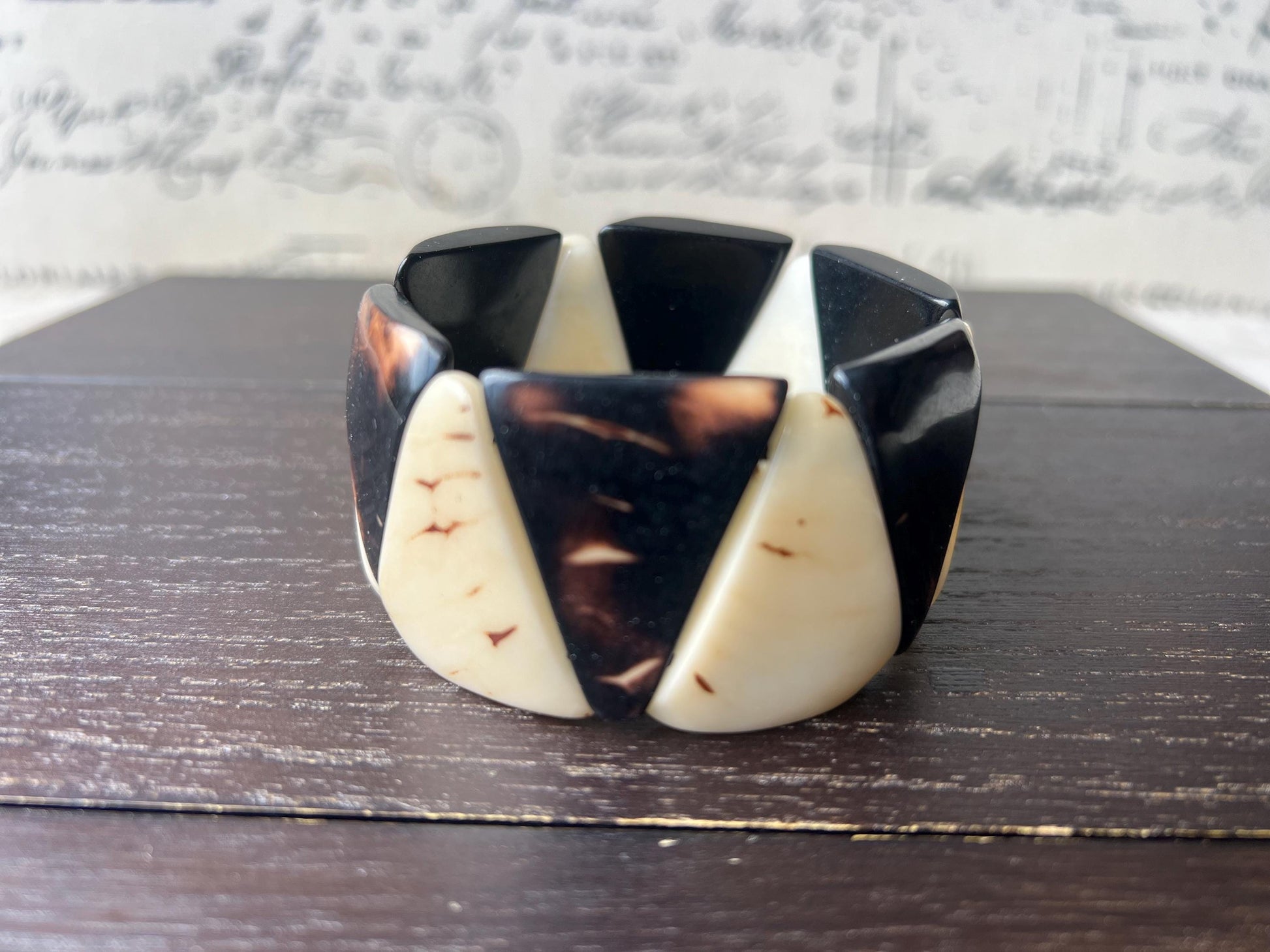 Black and white bracelet tagua jewelry Beaded stretch bangle Elastic stretch bracelet Statement beaded bangle Wearable art Summer fashion