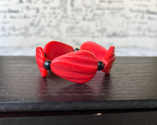 Red beaded bracelet Elastic stretch bangle with black bead accents Tagua nut jewelry Wide cuff bracelet Wearable art Summer fashion