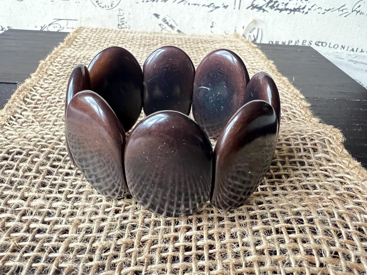 Dark brown geometric bracelet Big oval square beads Tagua nut jewelry Beaded stretch bracelets for women Wide cuff bracelet Summer fashion