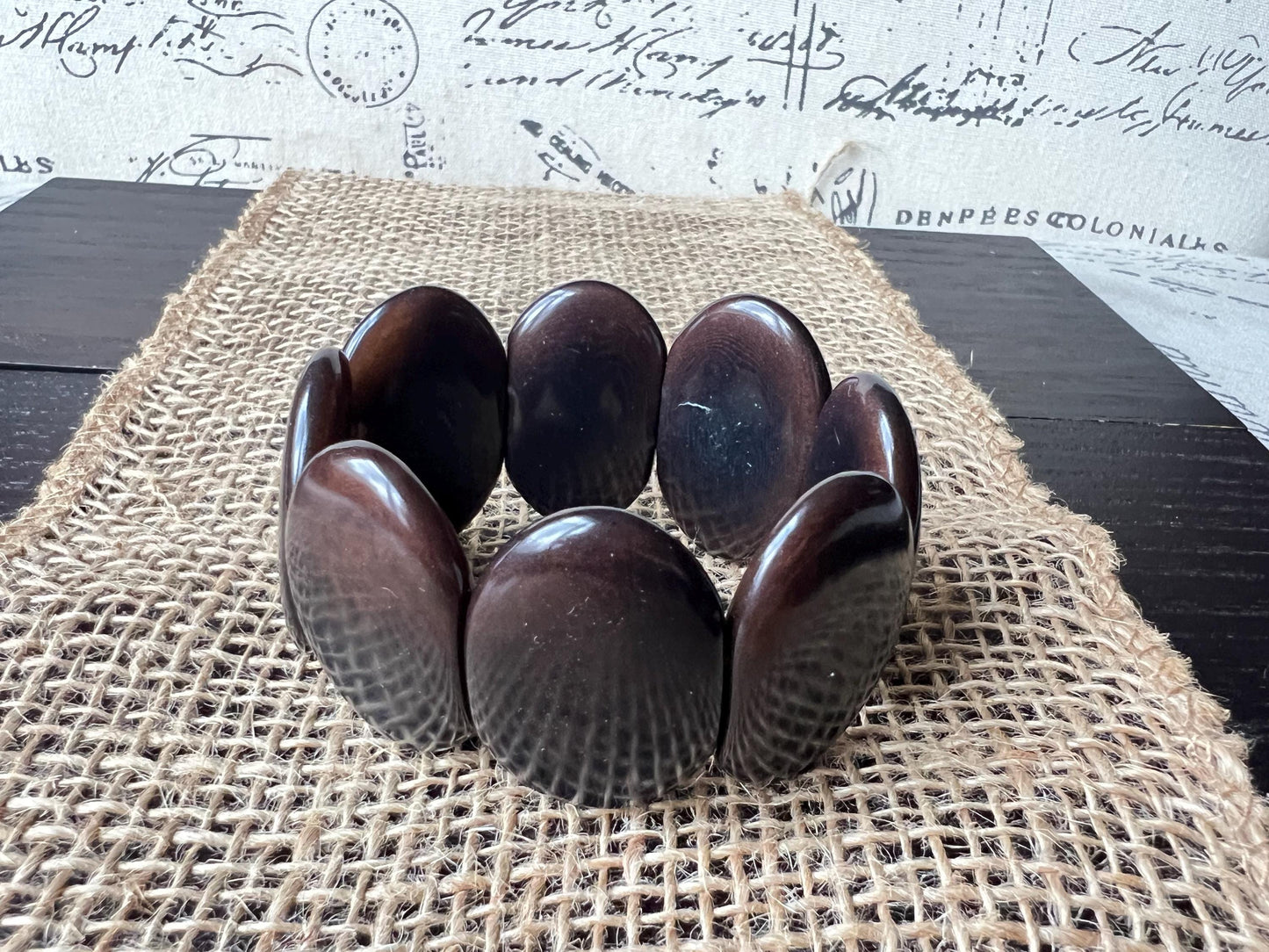 Dark brown geometric bracelet Big oval square beads Tagua nut jewelry Beaded stretch bracelets for women Wide cuff bracelet Summer fashion