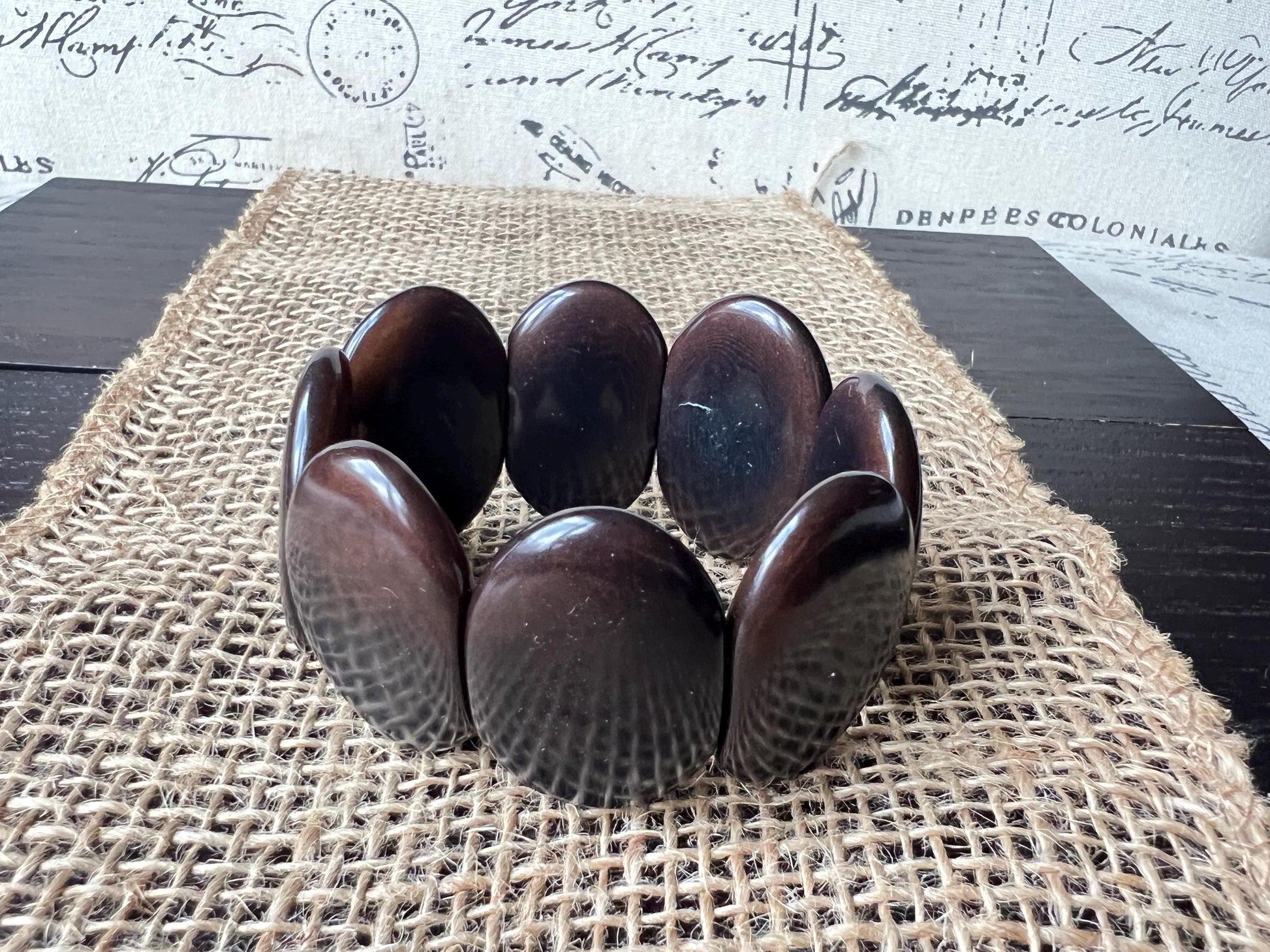 Dark brown geometric bracelet Big oval square beads Tagua nut jewelry Beaded stretch bracelets for women Wide cuff bracelet Summer fashion