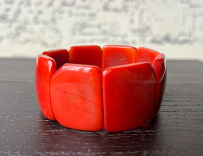 Red orange beaded bracelet Tagua nut Jewelry Summer fashion Big bold beads Wide cuff bangle Art to wear Artsy gifts Handmade Cruise wear