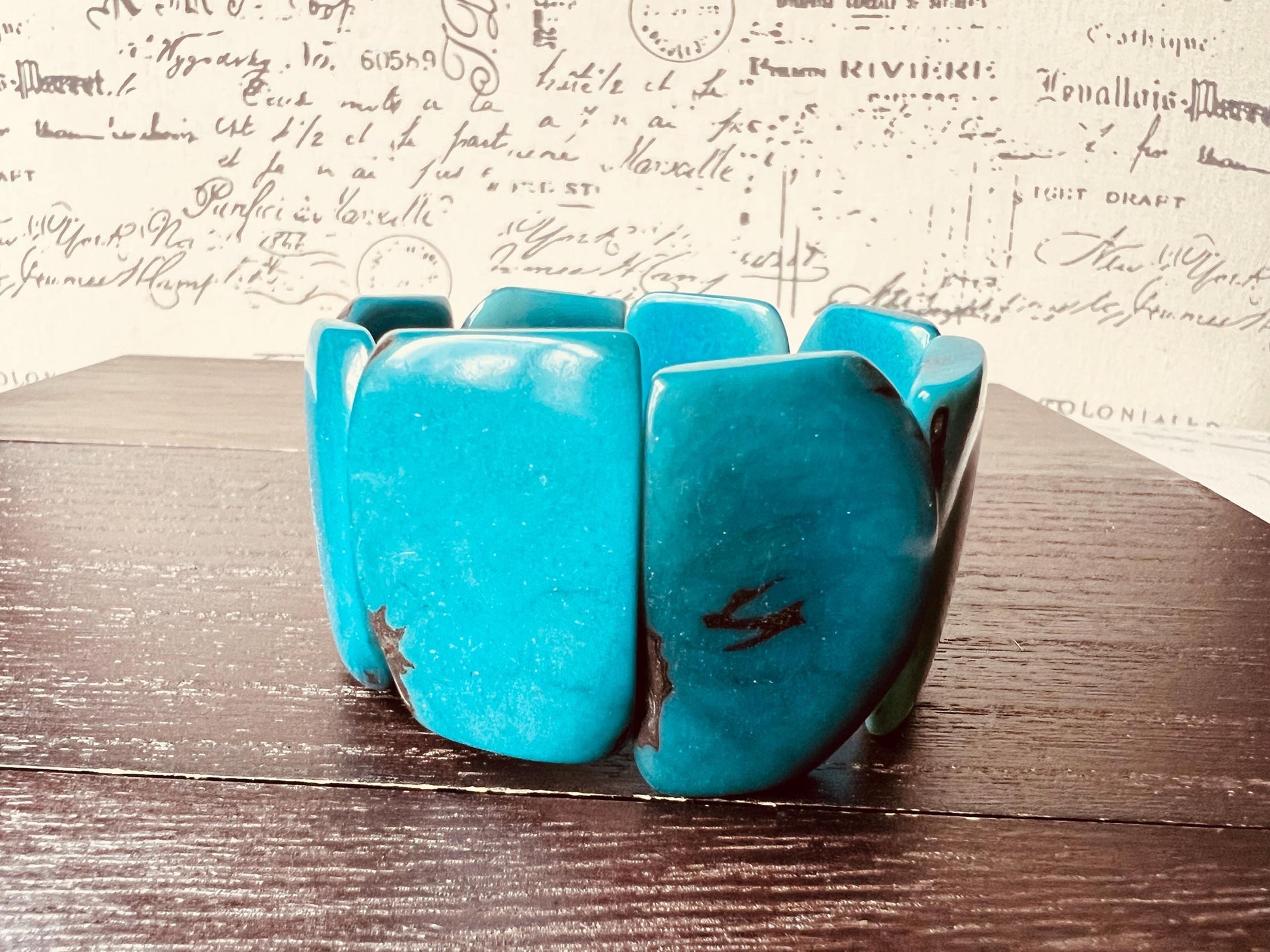 Turquoise beaded bracelet Tagua nut jewelry Summer fashion Big bold beads bangle Elastic stretch bracelet Art to wear Artsy gift Cruise wear