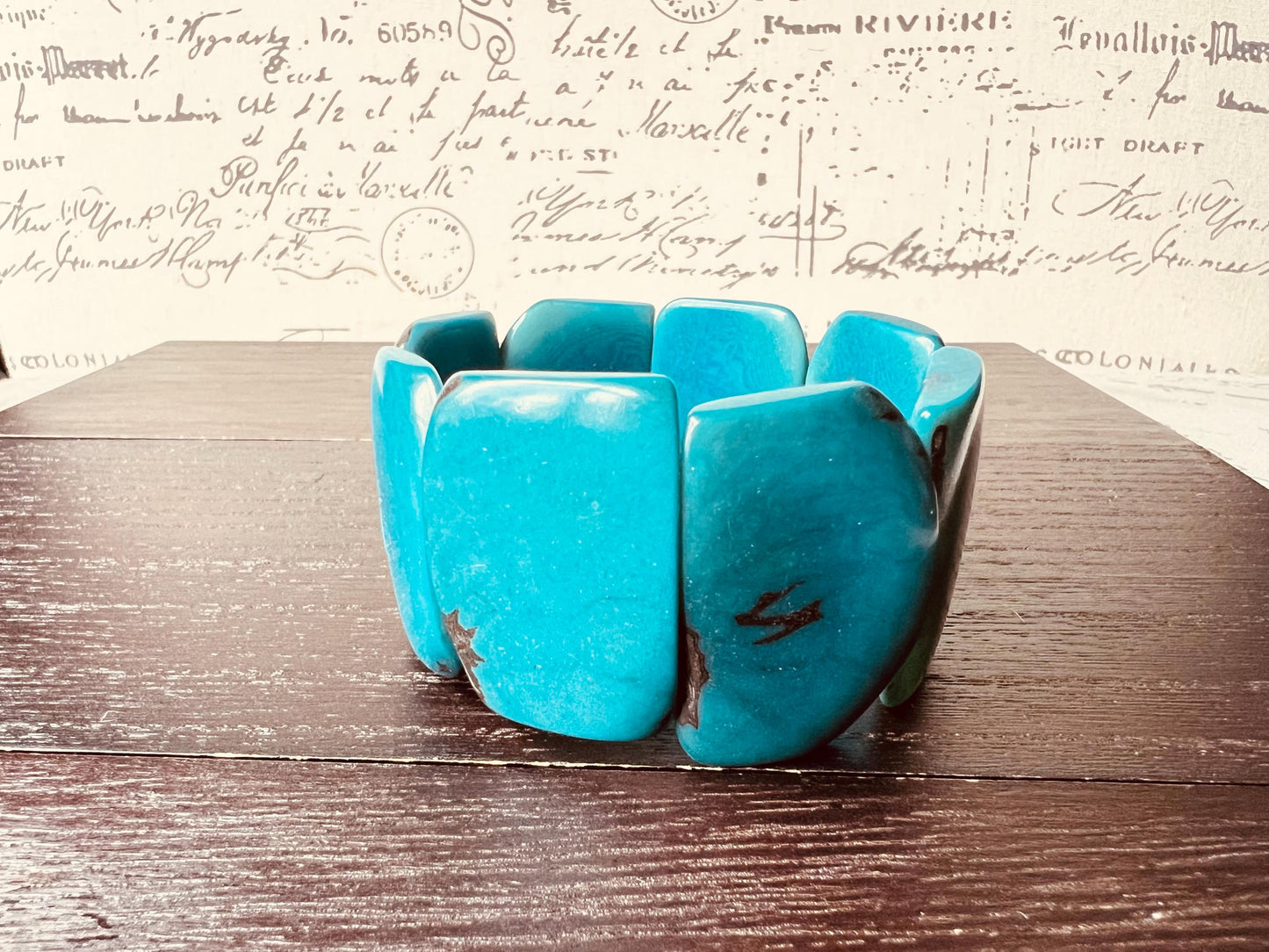 Turquoise beaded bracelet Tagua nut jewelry Summer fashion Big bold beads bangle Elastic stretch bracelet Art to wear Artsy gift Cruise wear