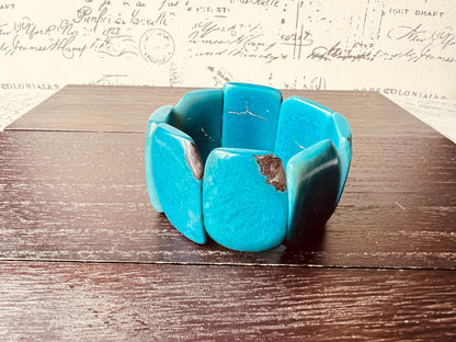 Turquoise beaded bracelet Tagua nut jewelry Summer fashion Big bold beads bangle Elastic stretch bracelet Art to wear Artsy gift Cruise wear