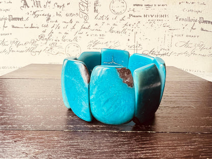 Turquoise beaded bracelet Tagua nut jewelry Summer fashion Big bold beads bangle Elastic stretch bracelet Art to wear Artsy gift Cruise wear