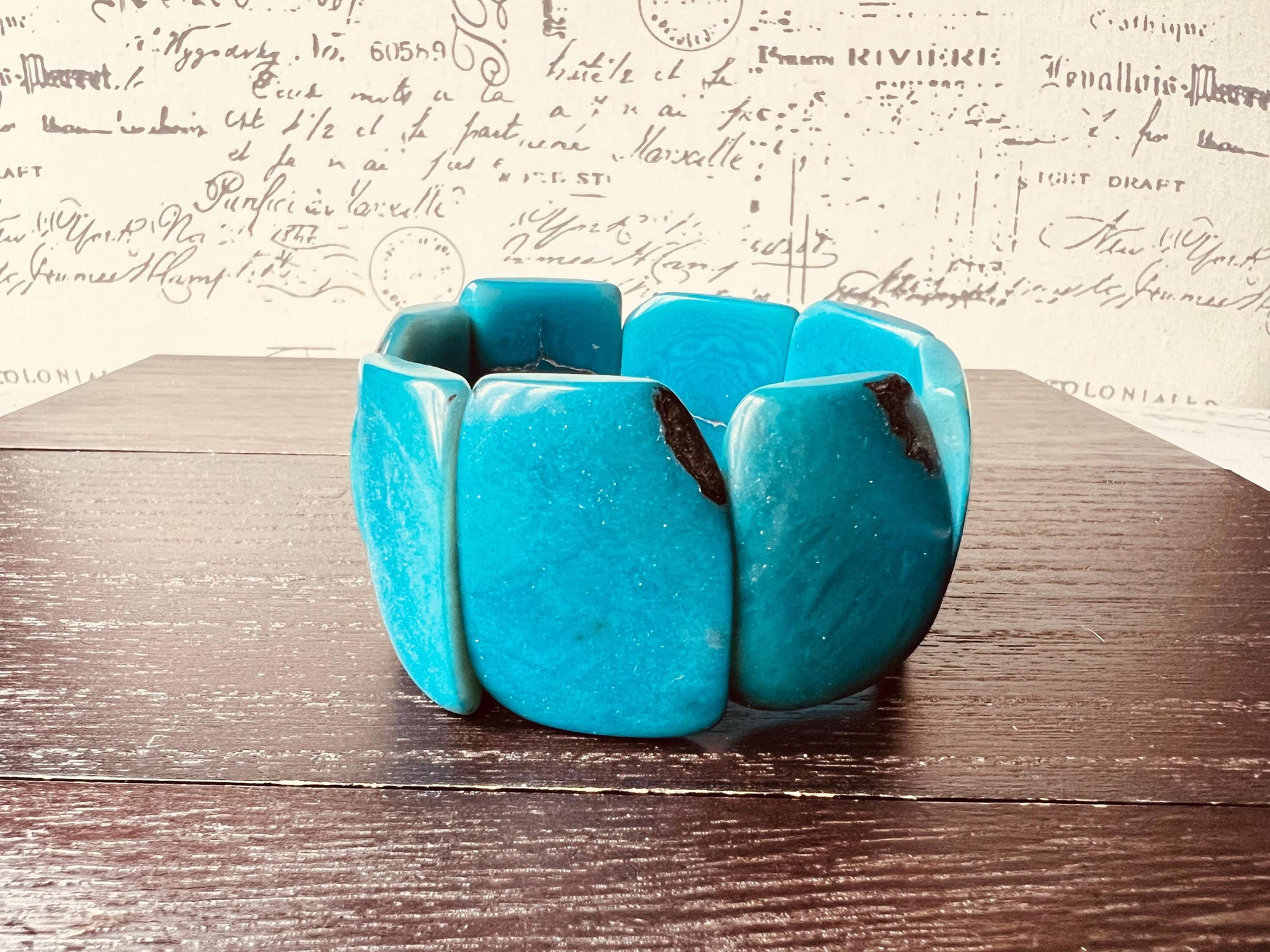 Turquoise beaded bracelet Tagua nut jewelry Summer fashion Big bold beads bangle Elastic stretch bracelet Art to wear Artsy gift Cruise wear
