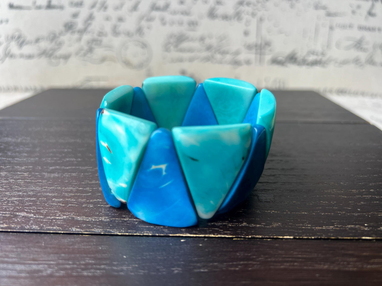 Turquoise blue Tagua bracelet Beaded stretch bangle Adjustable bracelet Huge statement bangle Summer fashion trends Wearable art Beach wear