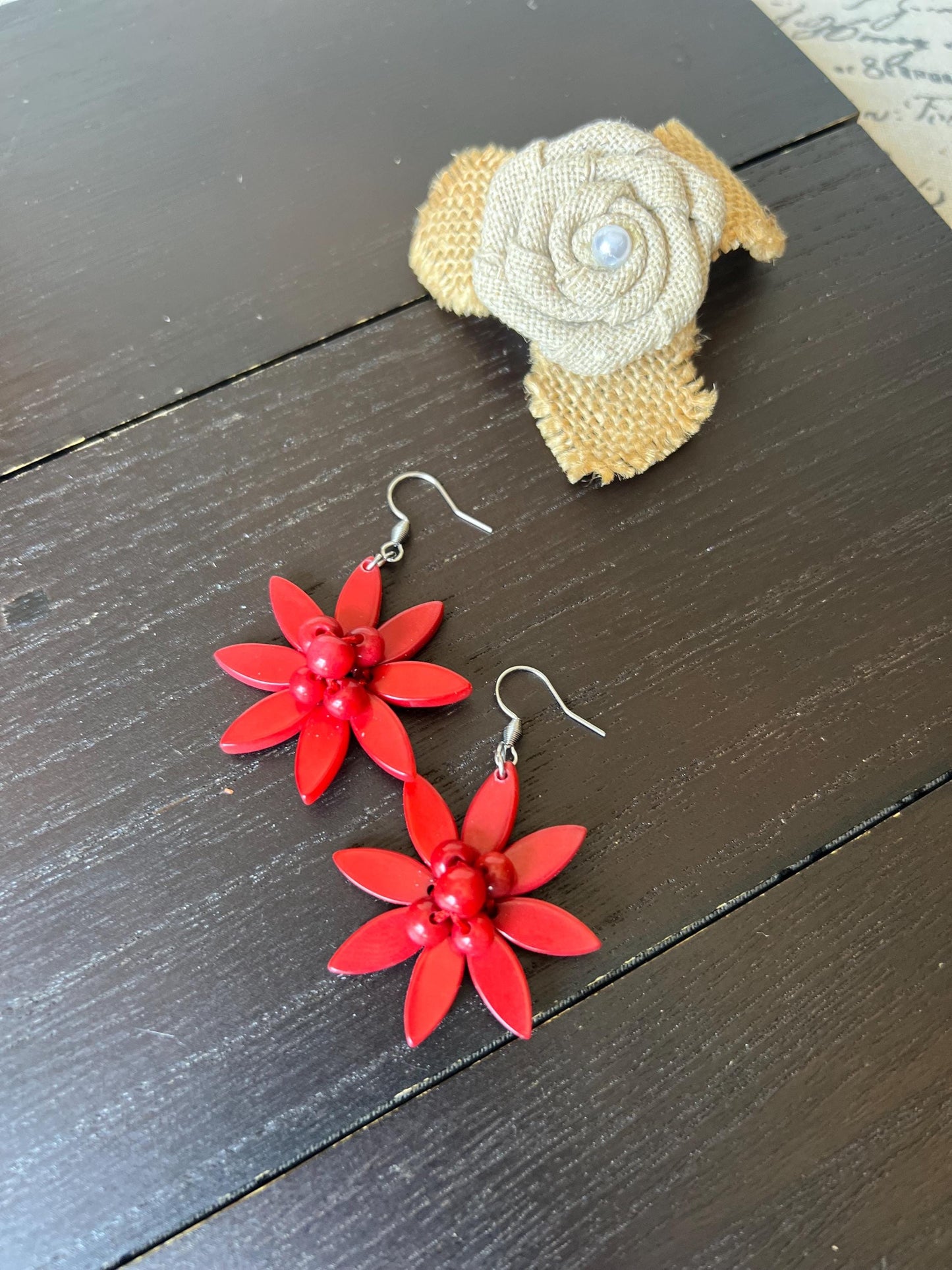 Flower beaded earrings Tagua earrings Big red earrings Handmade statement earrings Artsy gifts Summer fashion Cruise wear Wearable art