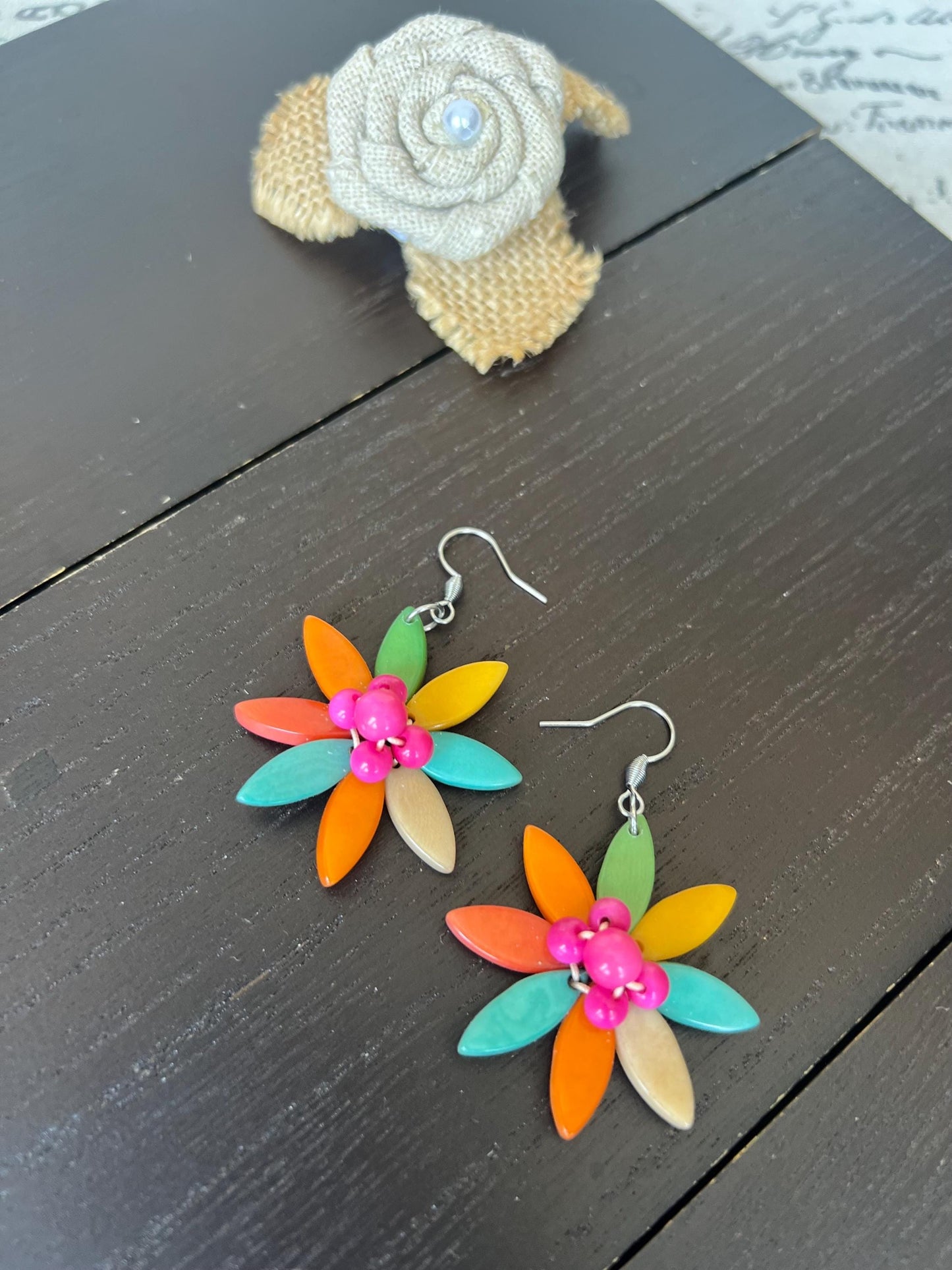 Rainbow flower beaded earrings Tagua earrings Big statement earrings Handmade earrings Artsy gifts Multi color hypoallergenic earrings