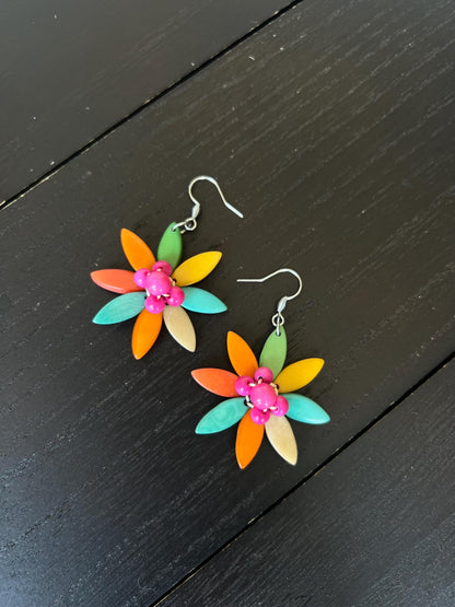 Rainbow flower beaded earrings Tagua earrings Big statement earrings Handmade earrings Artsy gifts Multi color hypoallergenic earrings