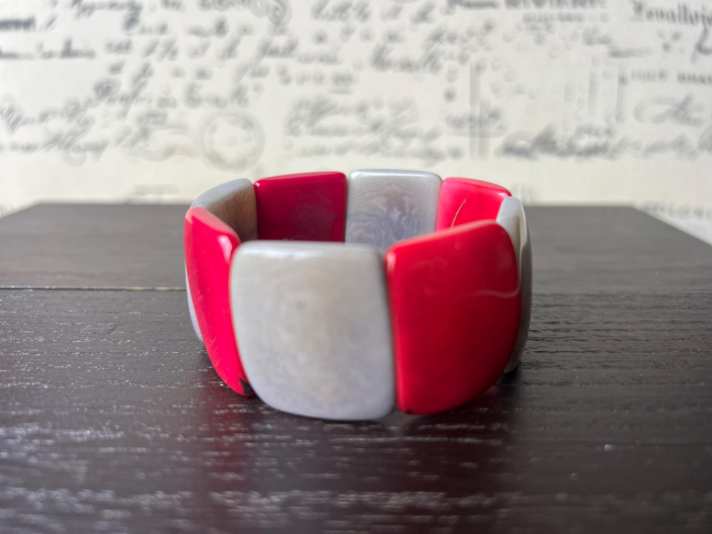 Gray and pink beaded bracelet Elastic stretch Tagua jewelry Geometric bracelet Artsy gifts Square bead bracelet Summer fashion Art to wear