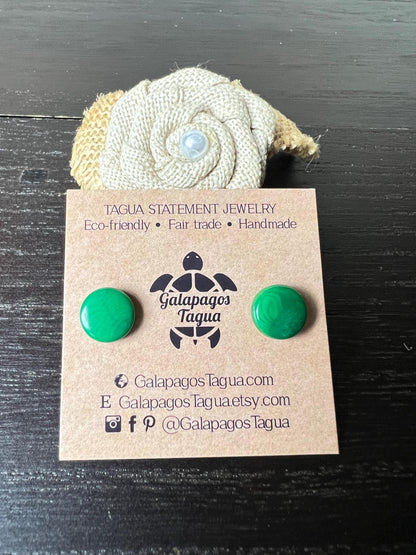 Green posts earrings Tagua jewelry Fall fashion Round studs Artisan handmade earrings Button earrings with hypoallergenic posts
