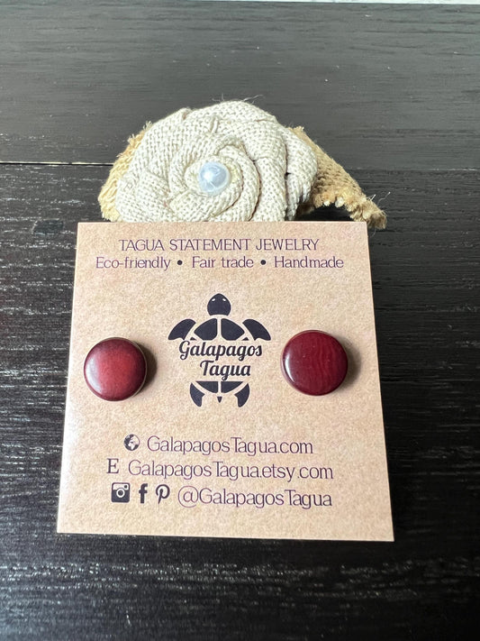Maroon red posts earrings Tagua jewelry Summer fashion Round studs Artisan handmade earrings Button earrings with hypoallergenic posts