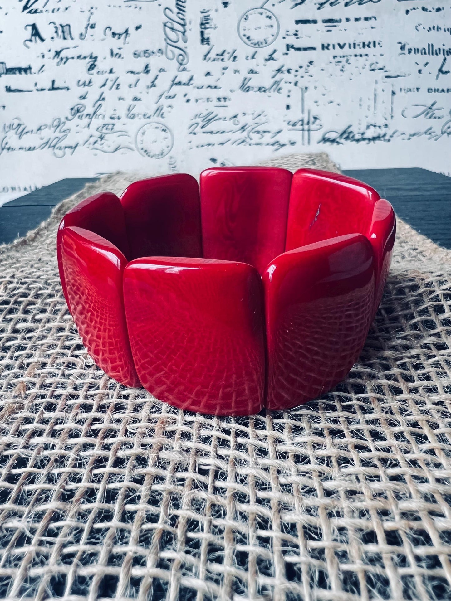 Red statement bracelet Tagua nut jewelry Big bold bangle Spring fashion Wide cuff bangle Beaded stretch bracelet Elastic bangle Organic