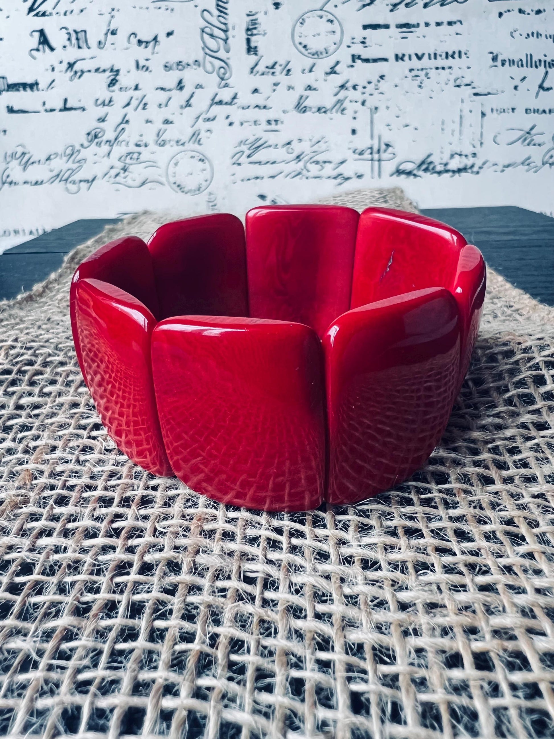 Red statement bracelet Tagua nut jewelry Big bold bangle Spring fashion Wide cuff bangle Beaded stretch bracelet Elastic bangle Organic