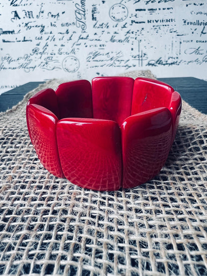 Red statement bracelet Tagua nut jewelry Big bold bangle Spring fashion Wide cuff bangle Beaded stretch bracelet Elastic bangle Organic