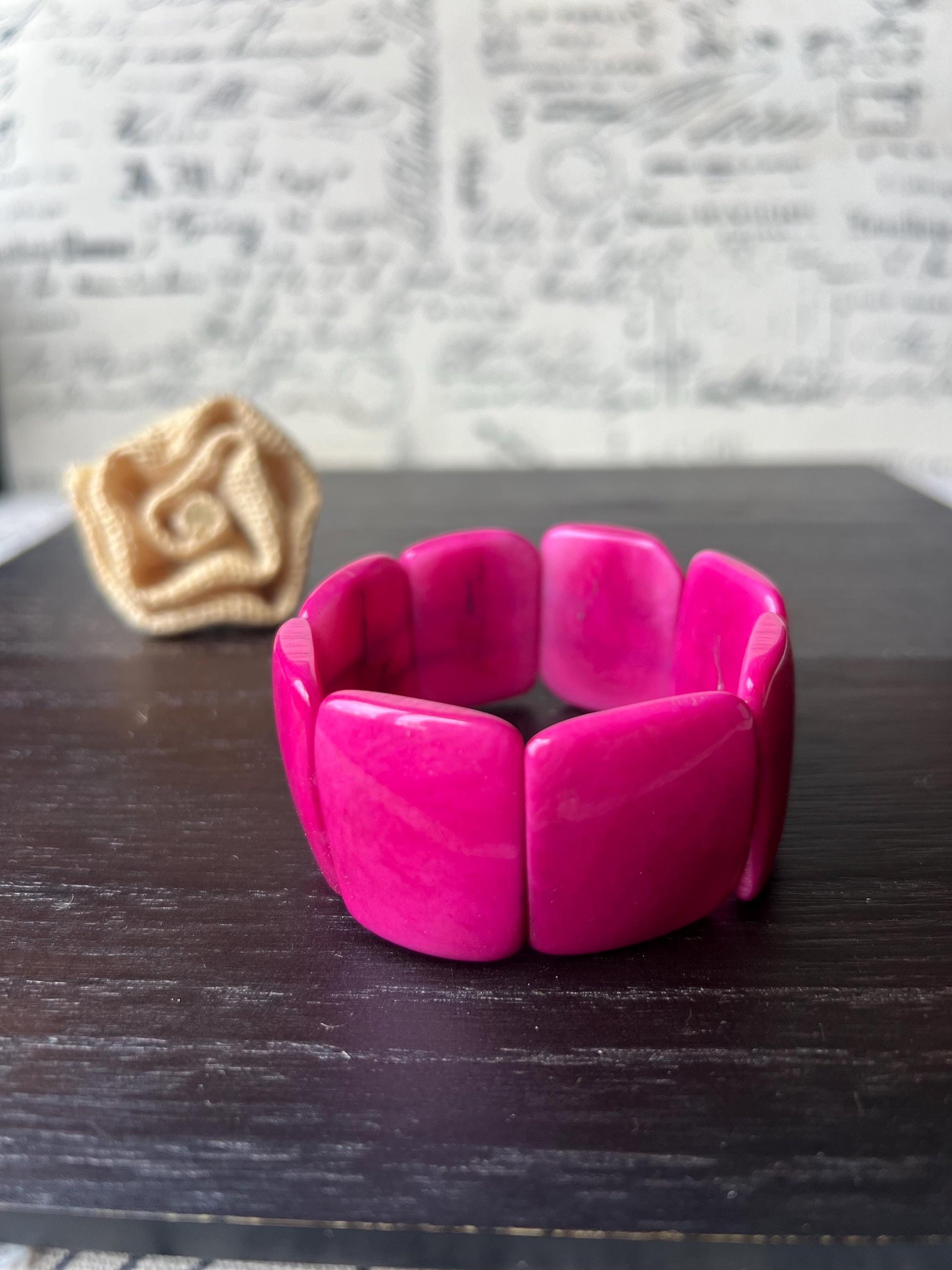 Hot pink statement beaded bracelet Tagua Jewelry Fall fashion trends Big bold beads Wide cuff bangle Beach wedding style Anniversary gifts