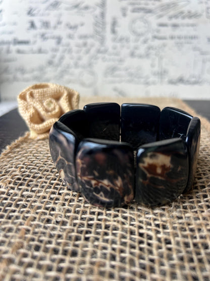 Black statement bracelet Tagua bracelet Eco friendly fashion Geometric bracelets Sustainable jewelry Elastic stretch bangle Fall trends