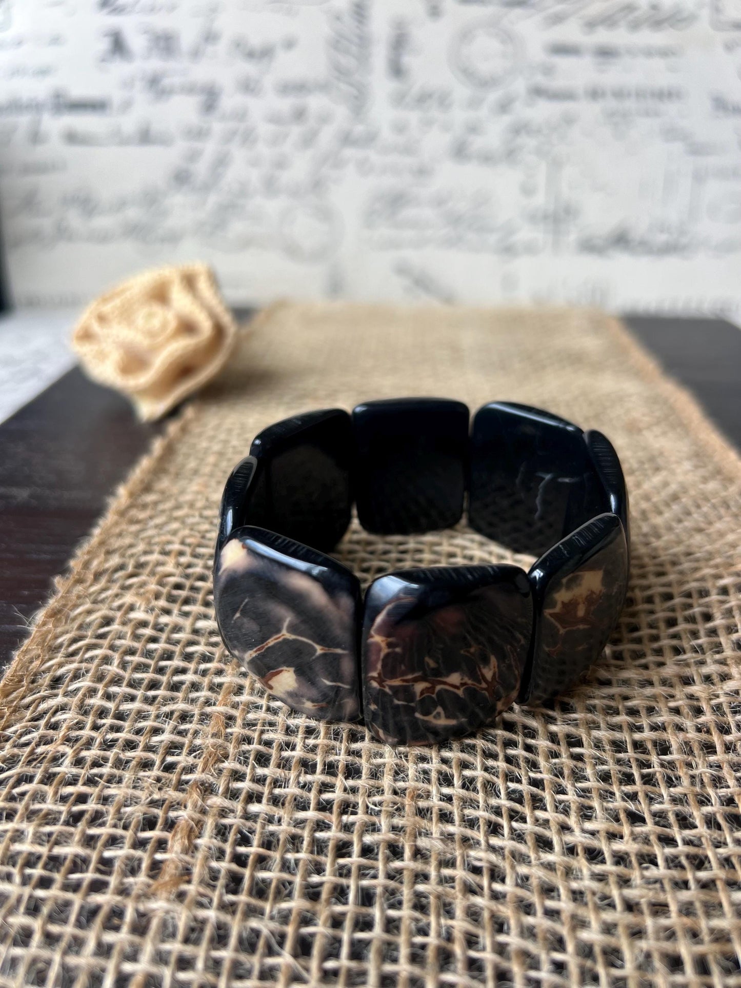 Black statement bracelet Tagua bracelet Eco friendly fashion Geometric bracelets Sustainable jewelry Elastic stretch bangle Fall trends