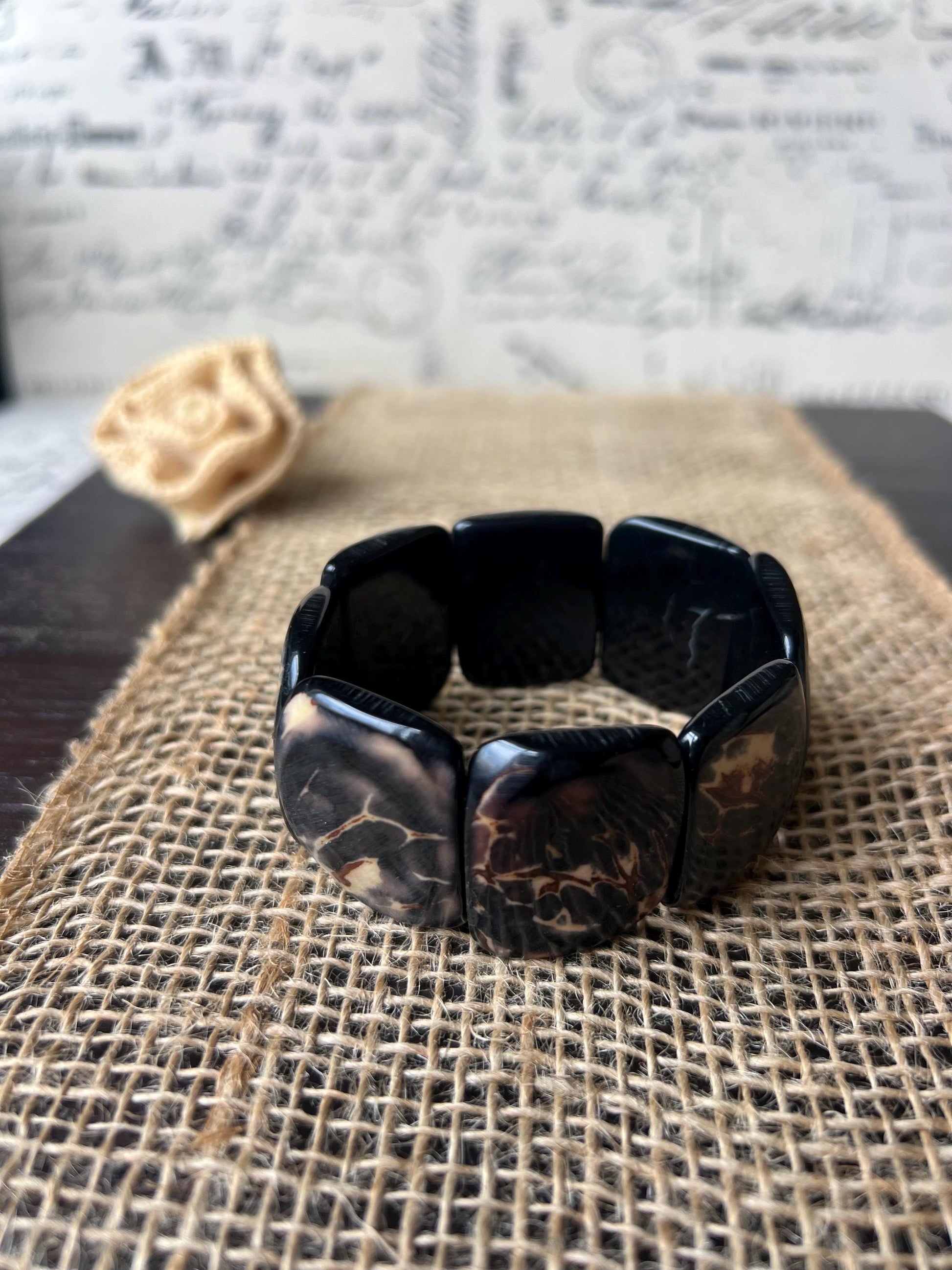 Black statement bracelet Tagua bracelet Eco friendly fashion Geometric bracelets Sustainable jewelry Elastic stretch bangle Fall trends
