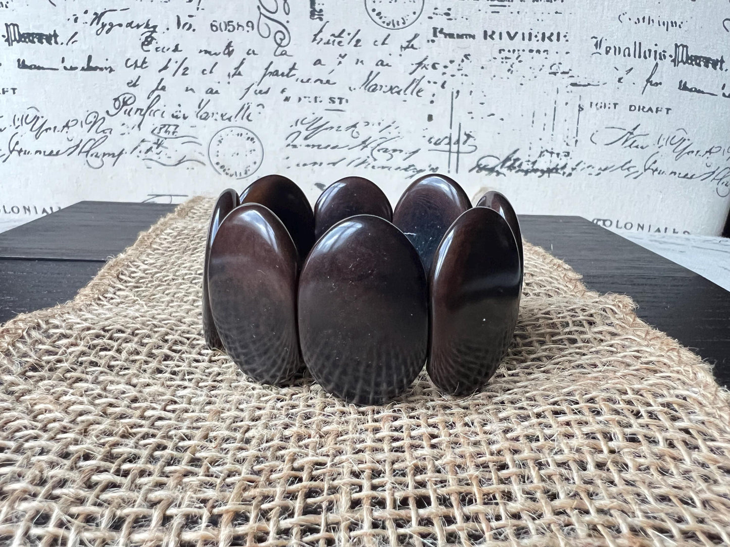 Dark brown geometric bracelet Big oval square beads Tagua nut jewelry Beaded stretch bracelets for women Wide cuff bracelet Summer fashion