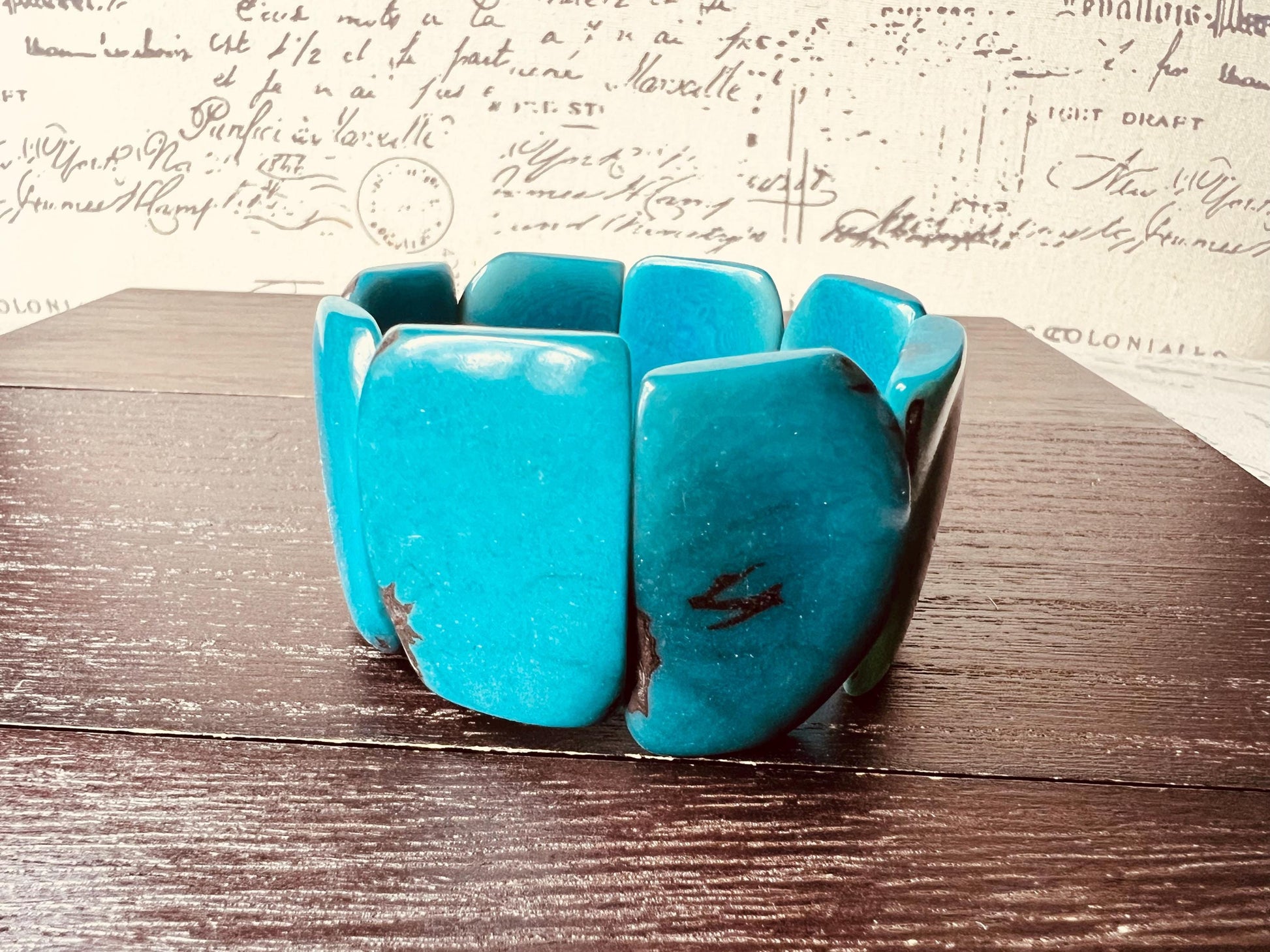 Turquoise beaded bracelet Tagua nut jewelry Summer fashion Big bold beads bangle Elastic stretch bracelet Art to wear Artsy gift Cruise wear