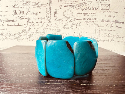 Turquoise beaded bracelet Tagua nut jewelry Summer fashion Big bold beads bangle Elastic stretch bracelet Art to wear Artsy gift Cruise wear