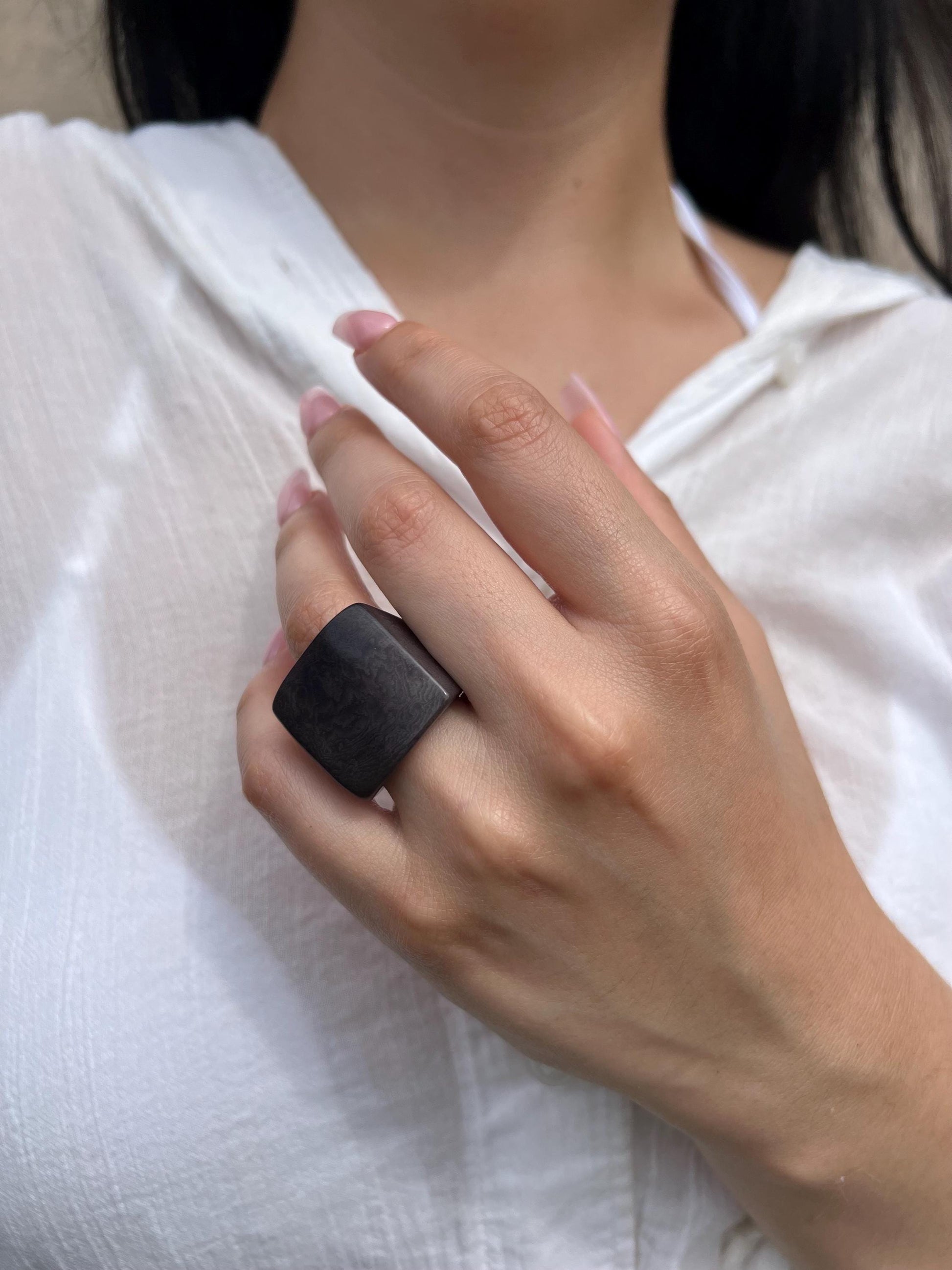 Chunky dark gray ring Cocktail rings Tagua jewelry Fashion rings for women Wide band statement ring Beachy rings Wearable art Bold rings