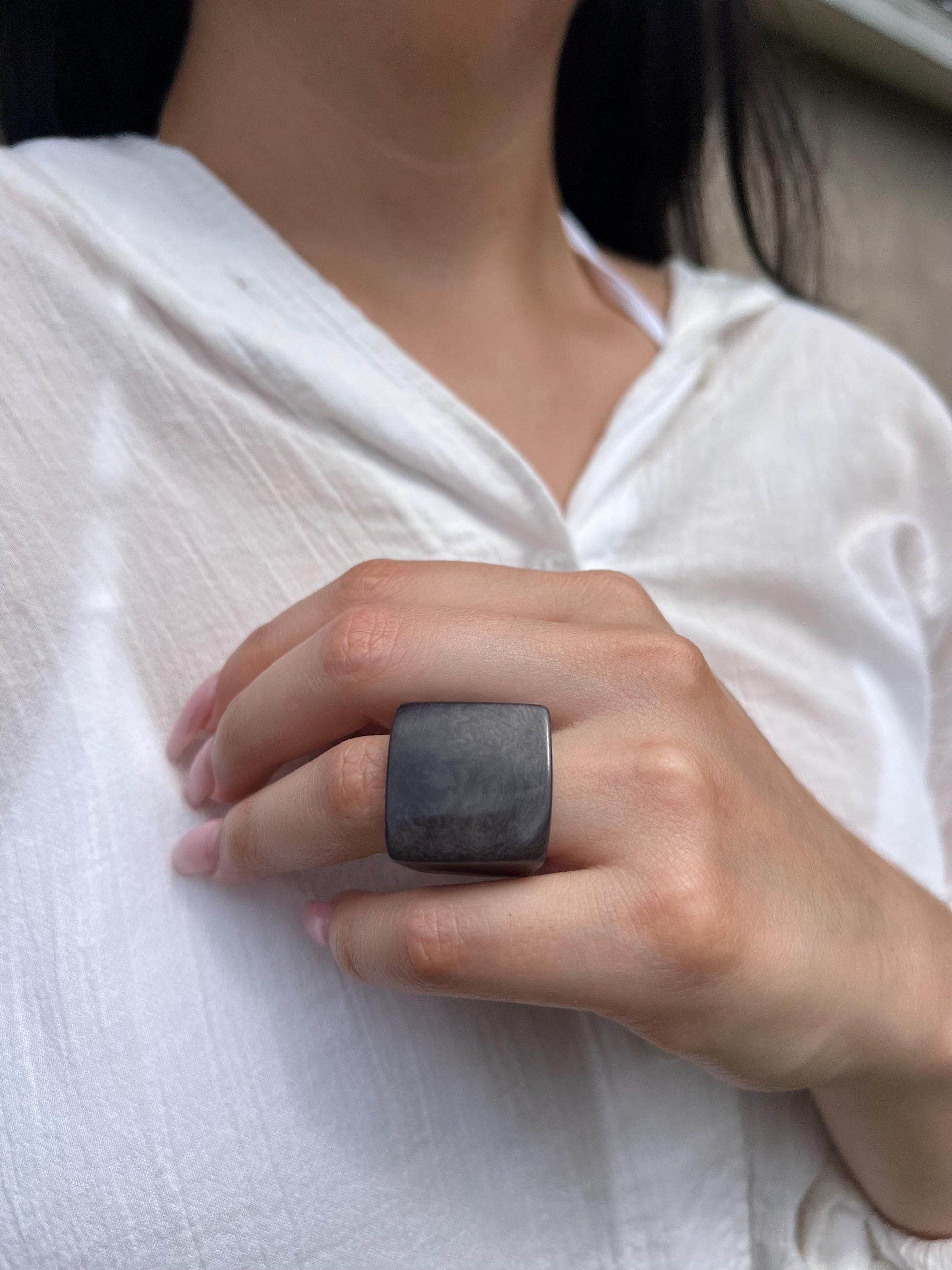 Chunky dark gray ring Cocktail rings Tagua jewelry Fashion rings for women Wide band statement ring Beachy rings Wearable art Bold rings