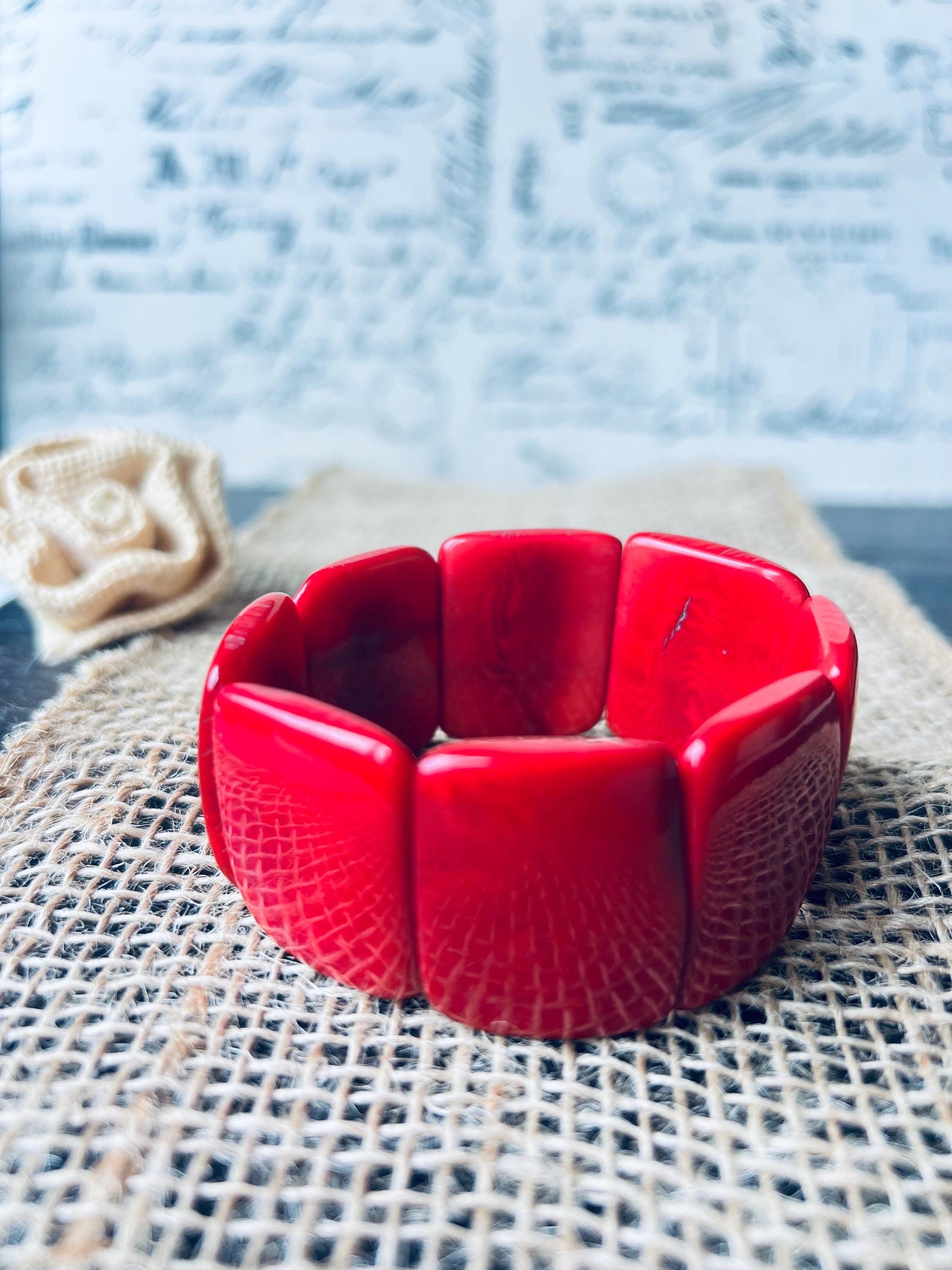 Red statement bracelet Tagua nut jewelry Big bold bangle Spring fashion Wide cuff bangle Beaded stretch bracelet Elastic bangle Organic