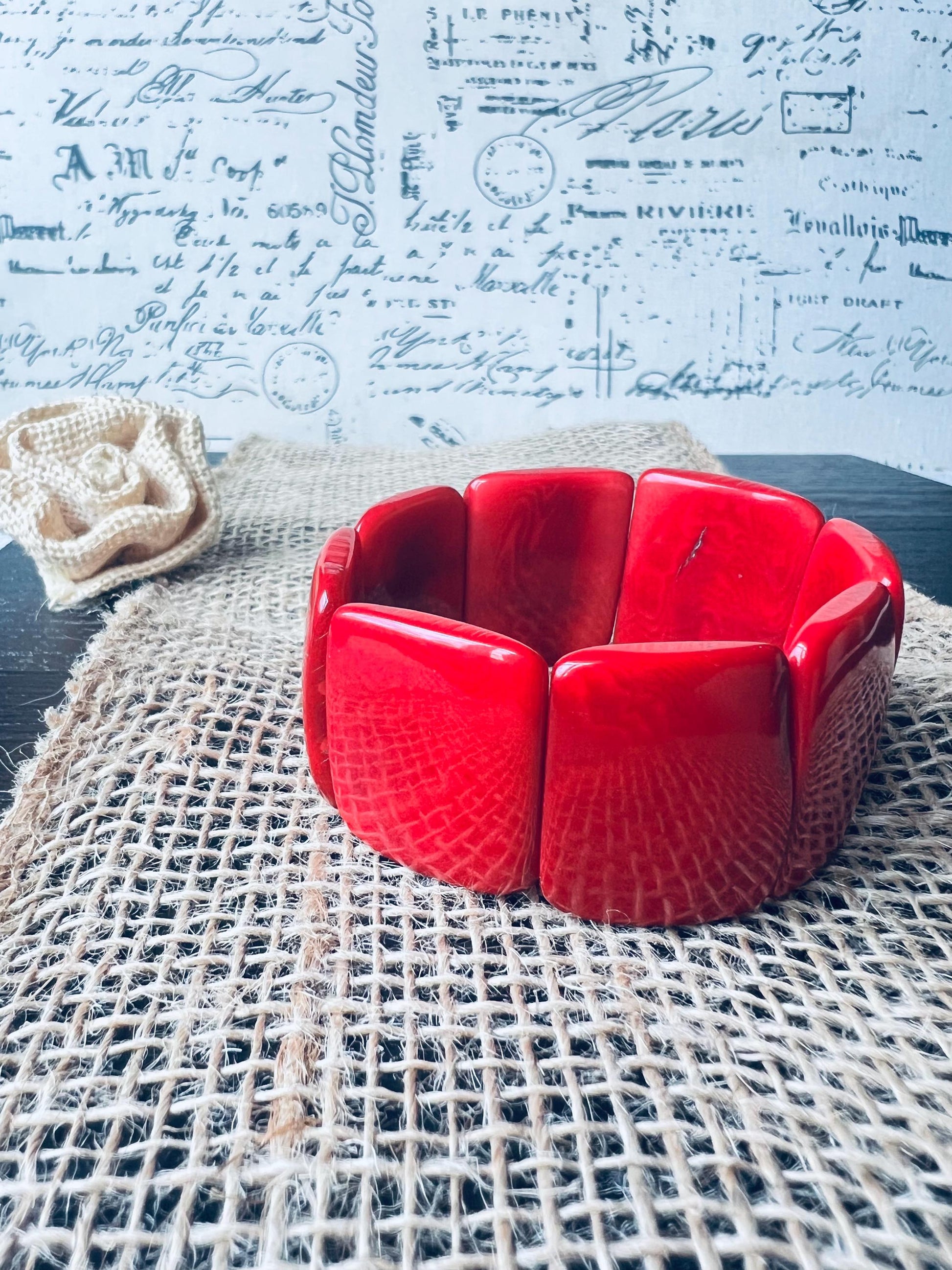 Red statement bracelet Tagua nut jewelry Big bold bangle Spring fashion Wide cuff bangle Beaded stretch bracelet Elastic bangle Organic