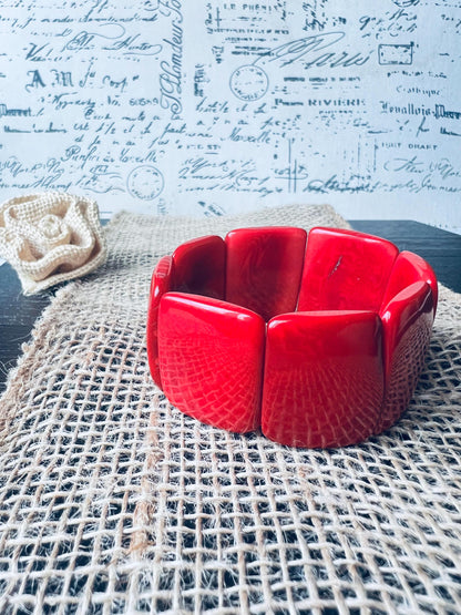 Red statement bracelet Tagua nut jewelry Big bold bangle Spring fashion Wide cuff bangle Beaded stretch bracelet Elastic bangle Organic
