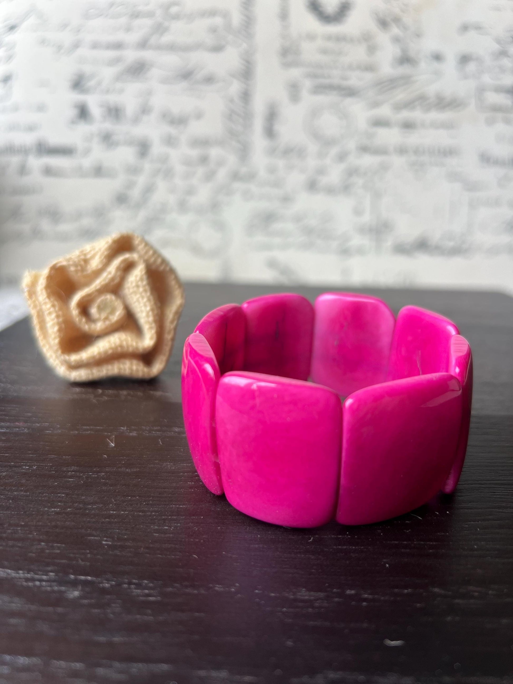 Hot pink statement beaded bracelet Tagua Jewelry Fall fashion trends Big bold beads Wide cuff bangle Beach wedding style Anniversary gifts