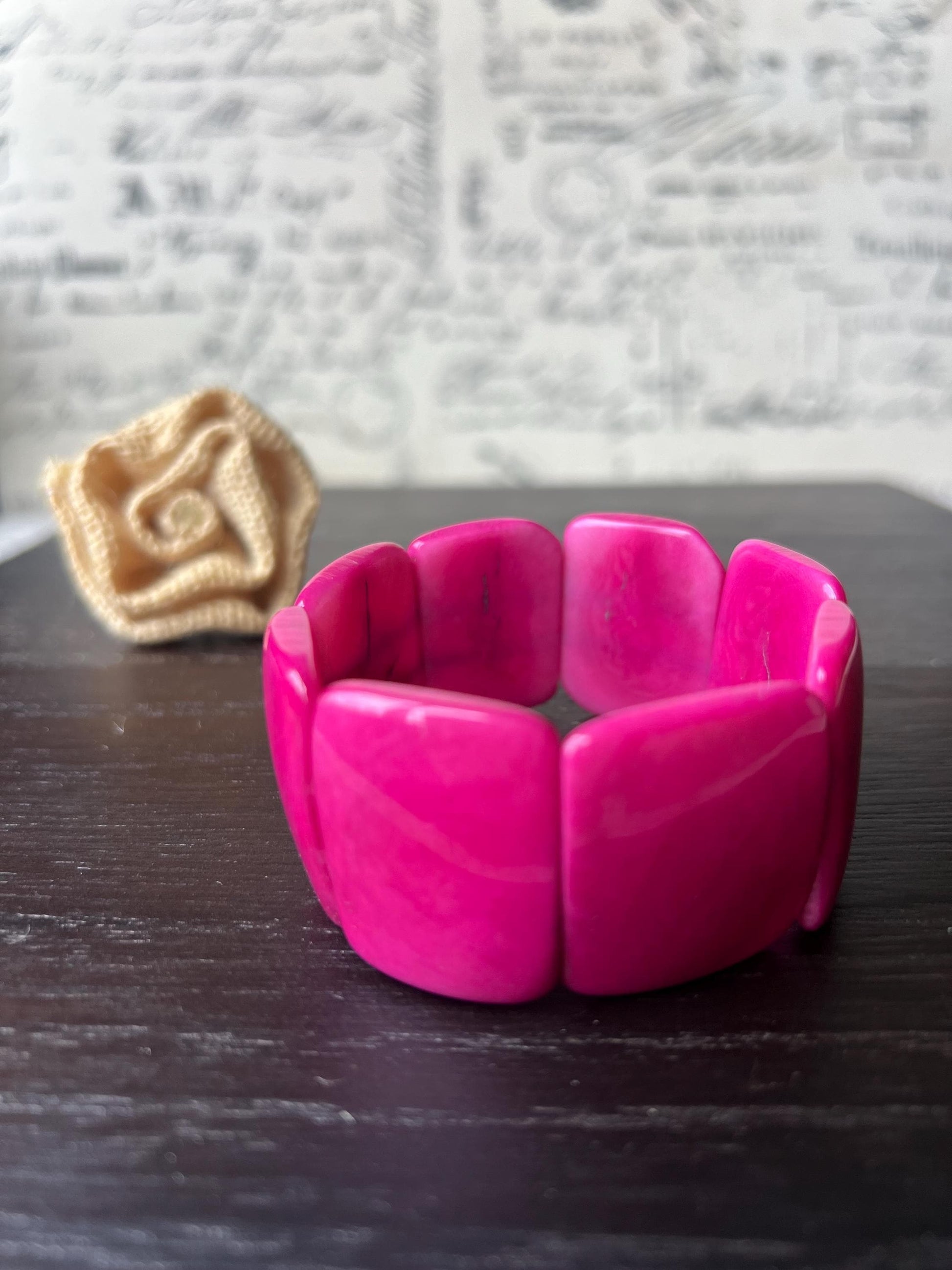 Hot pink statement beaded bracelet Tagua Jewelry Fall fashion trends Big bold beads Wide cuff bangle Beach wedding style Anniversary gifts