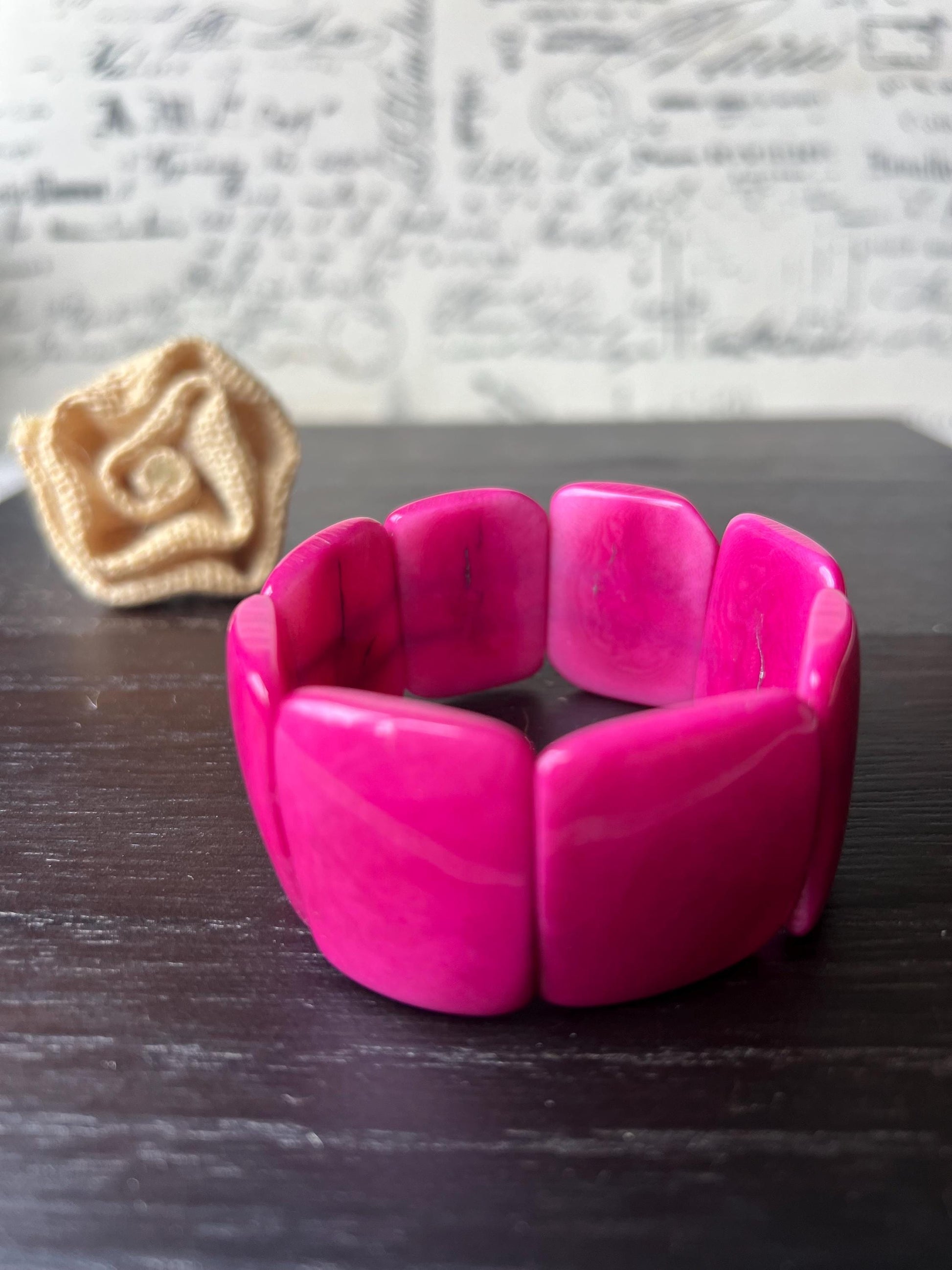 Hot pink statement beaded bracelet Tagua Jewelry Fall fashion trends Big bold beads Wide cuff bangle Beach wedding style Anniversary gifts