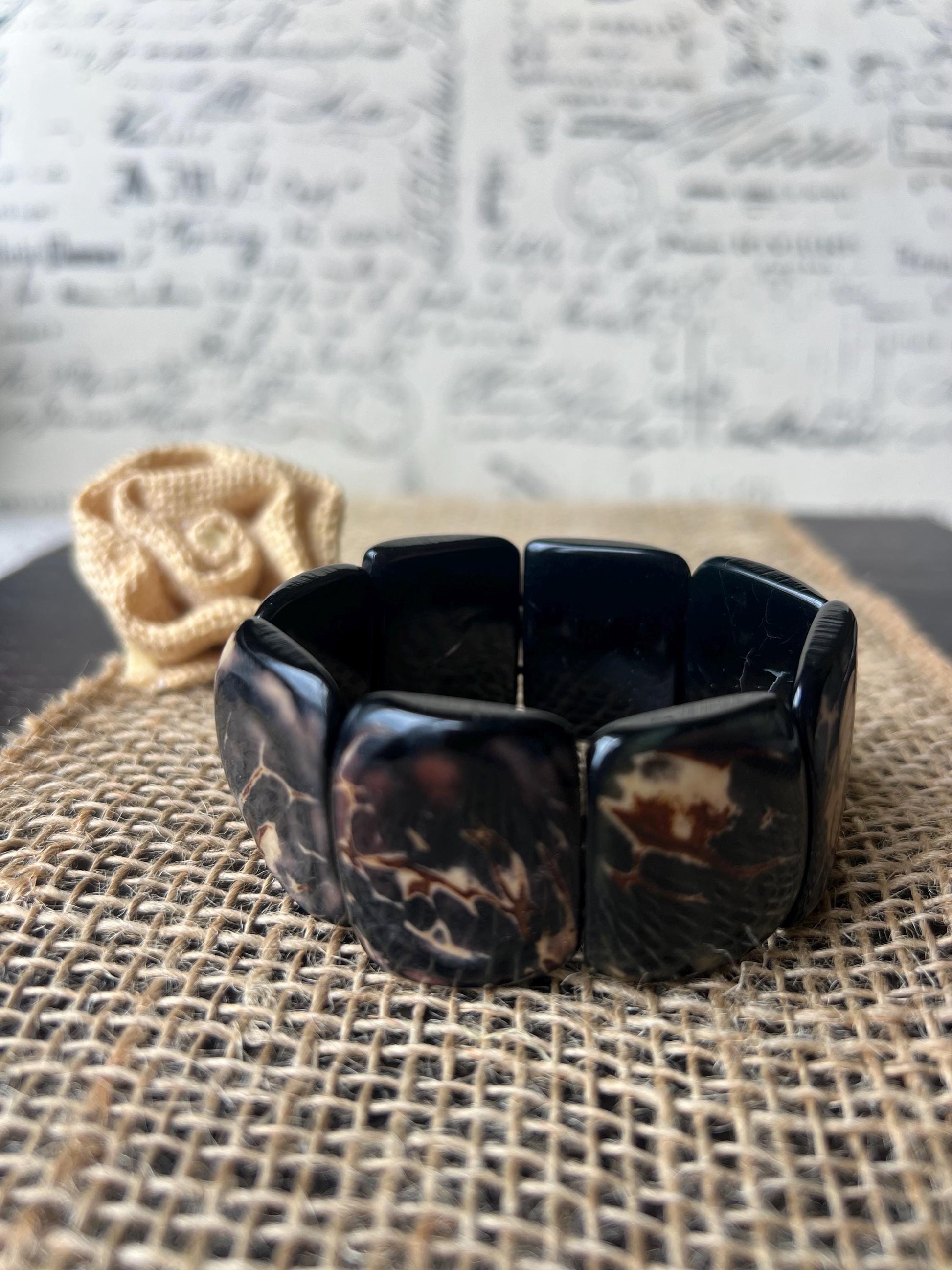 Black statement bracelet Tagua bracelet Eco friendly fashion Geometric bracelets Sustainable jewelry Elastic stretch bangle Fall trends