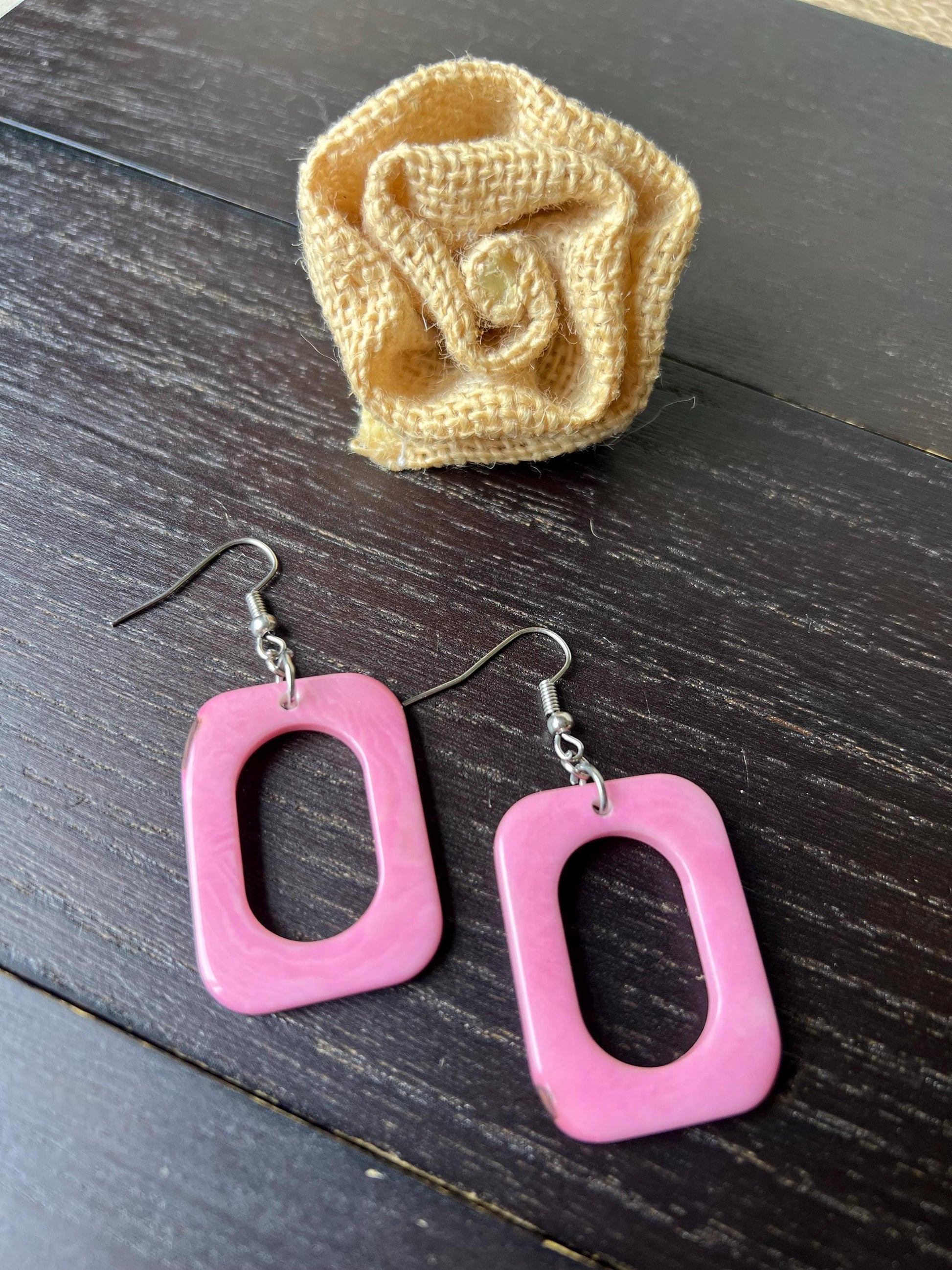 Pink drop earrings Fall fashion trends Tagua nut jewelry Geometric earrings dangle Artsy gifts Statement earrings Hypoallergenic