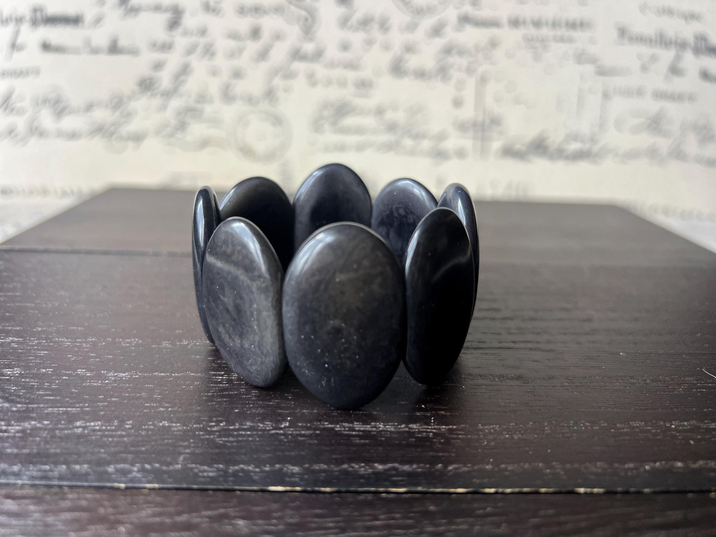 Dark gray geometric bracelet Big oval square beads Tagua nut jewelry Beaded stretch bracelets for women Wide cuff bracelet Fall fashion