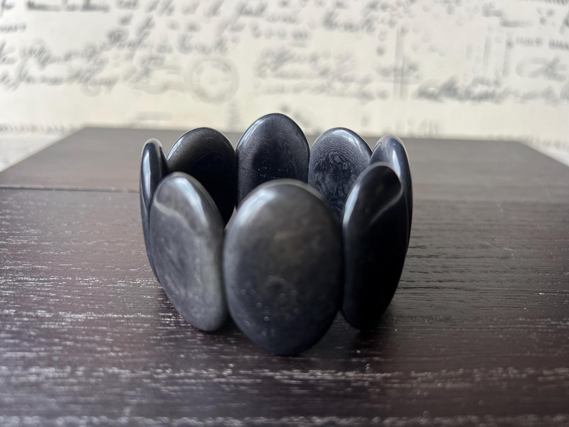 Dark gray geometric bracelet Big oval square beads Tagua nut jewelry Beaded stretch bracelets for women Wide cuff bracelet Fall fashion