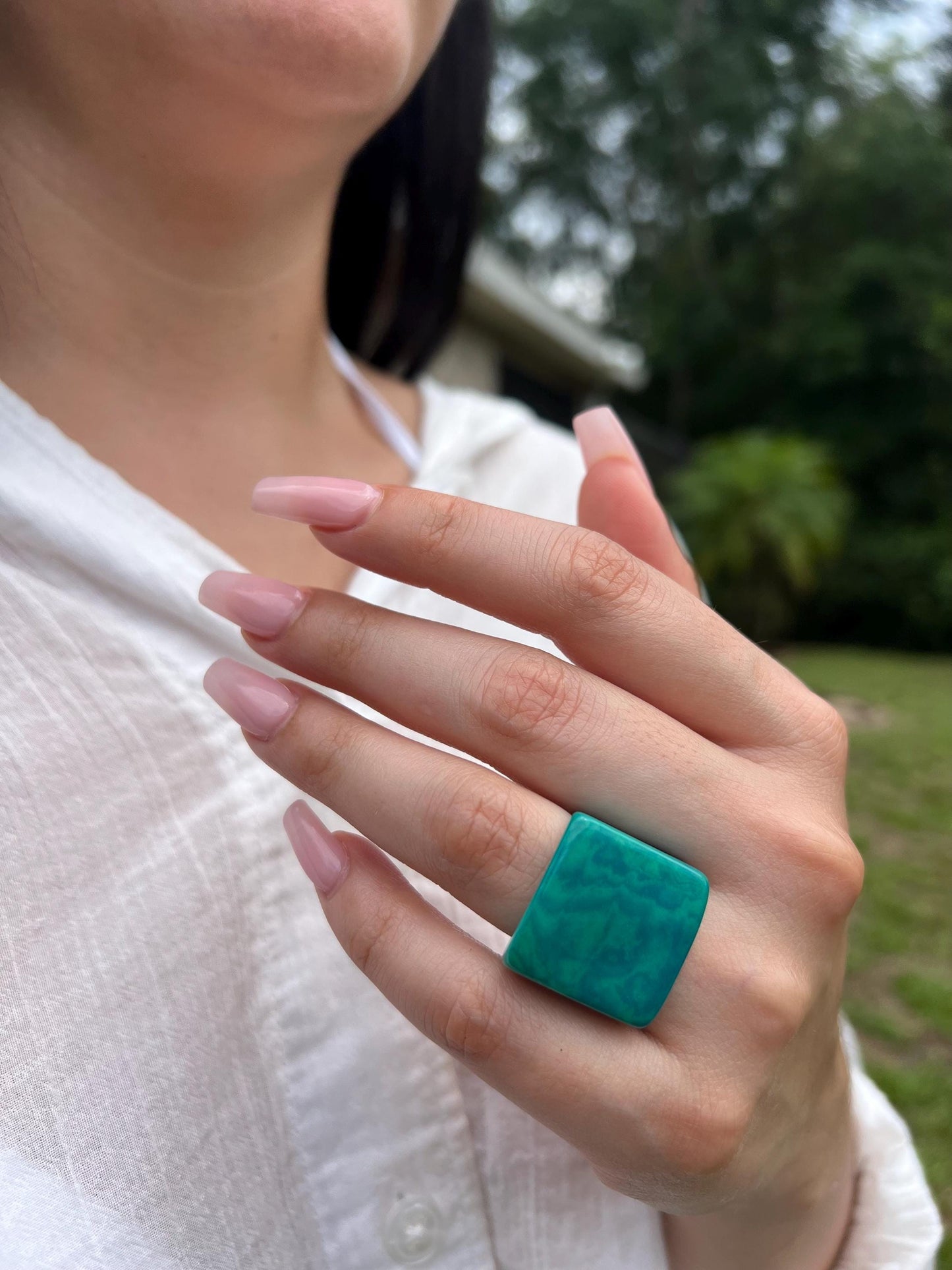 Teal statement ring Cocktail rings Tagua jewelry Fashion rings Wide band statement ring Beachy rings Wearable art Bold rings Fall fashion