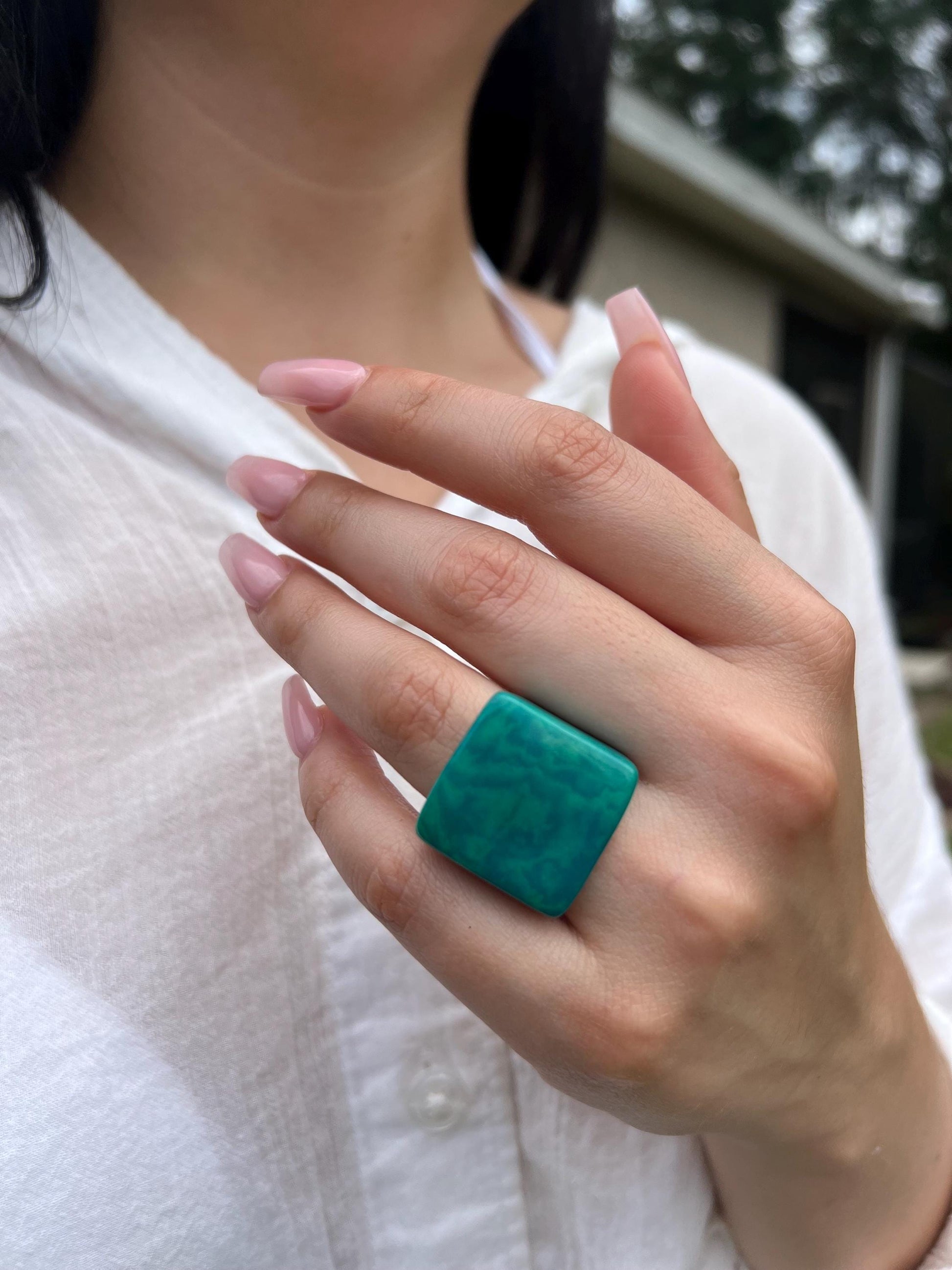 Teal statement ring Cocktail rings Tagua jewelry Fashion rings Wide band statement ring Beachy rings Wearable art Bold rings Fall fashion
