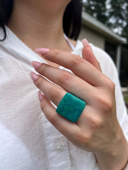 Teal statement ring Cocktail rings Tagua jewelry Fashion rings Wide band statement ring Beachy rings Wearable art Bold rings Fall fashion