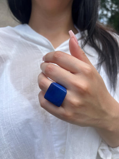 Blue Tagua ring Unusual fashion jewelry Fall style Big bold cocktail ring Statement ring aesthetic Wide band chunky ring Handmade beaded