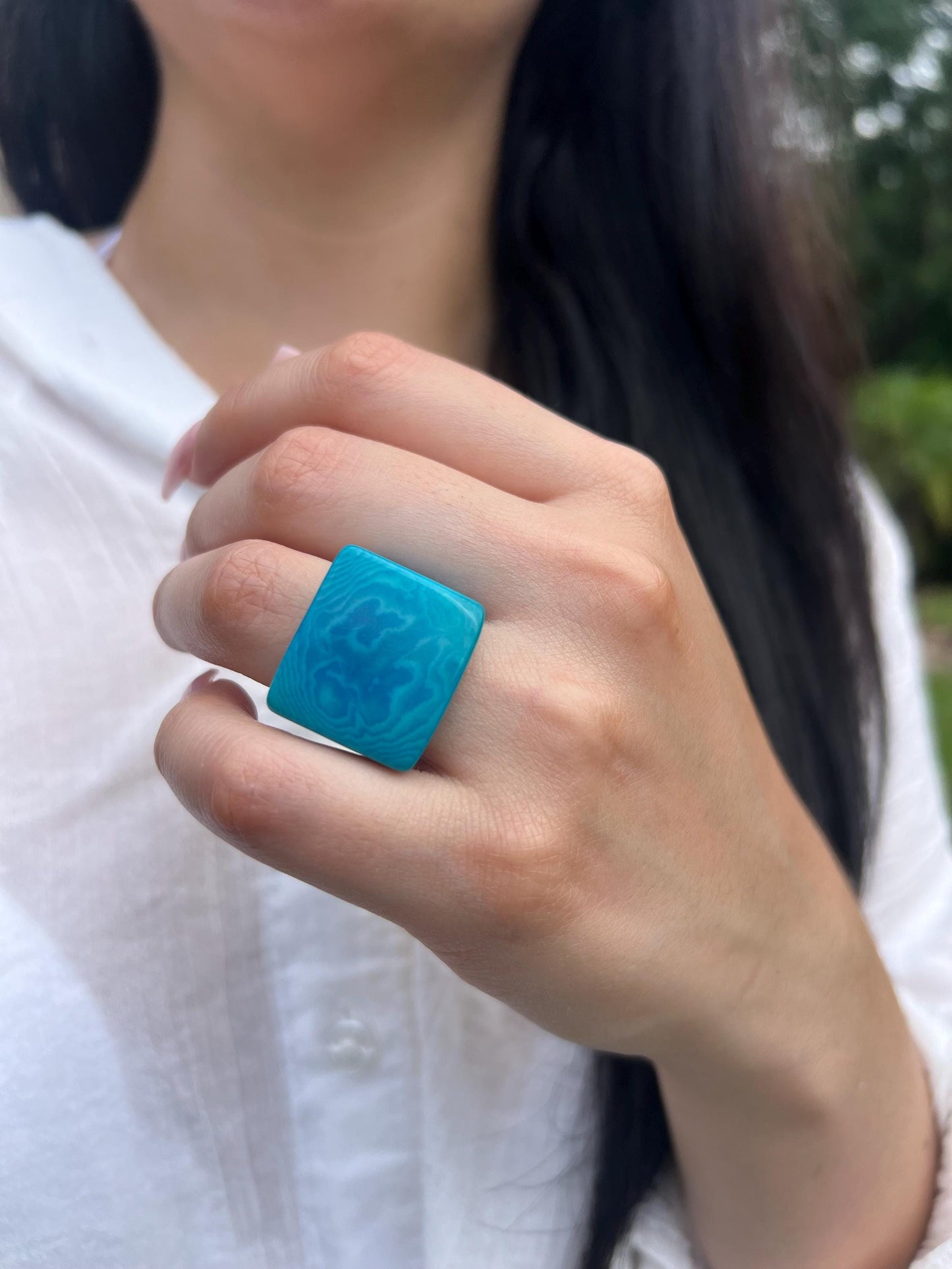 Turquoise blue cocktail ring Handmade ring made of Tagua nut Huge beaded rings