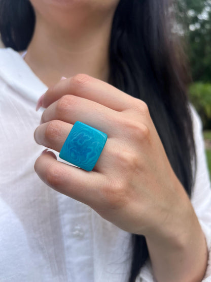 Turquoise blue cocktail ring Handmade ring made of Tagua nut Huge beaded rings