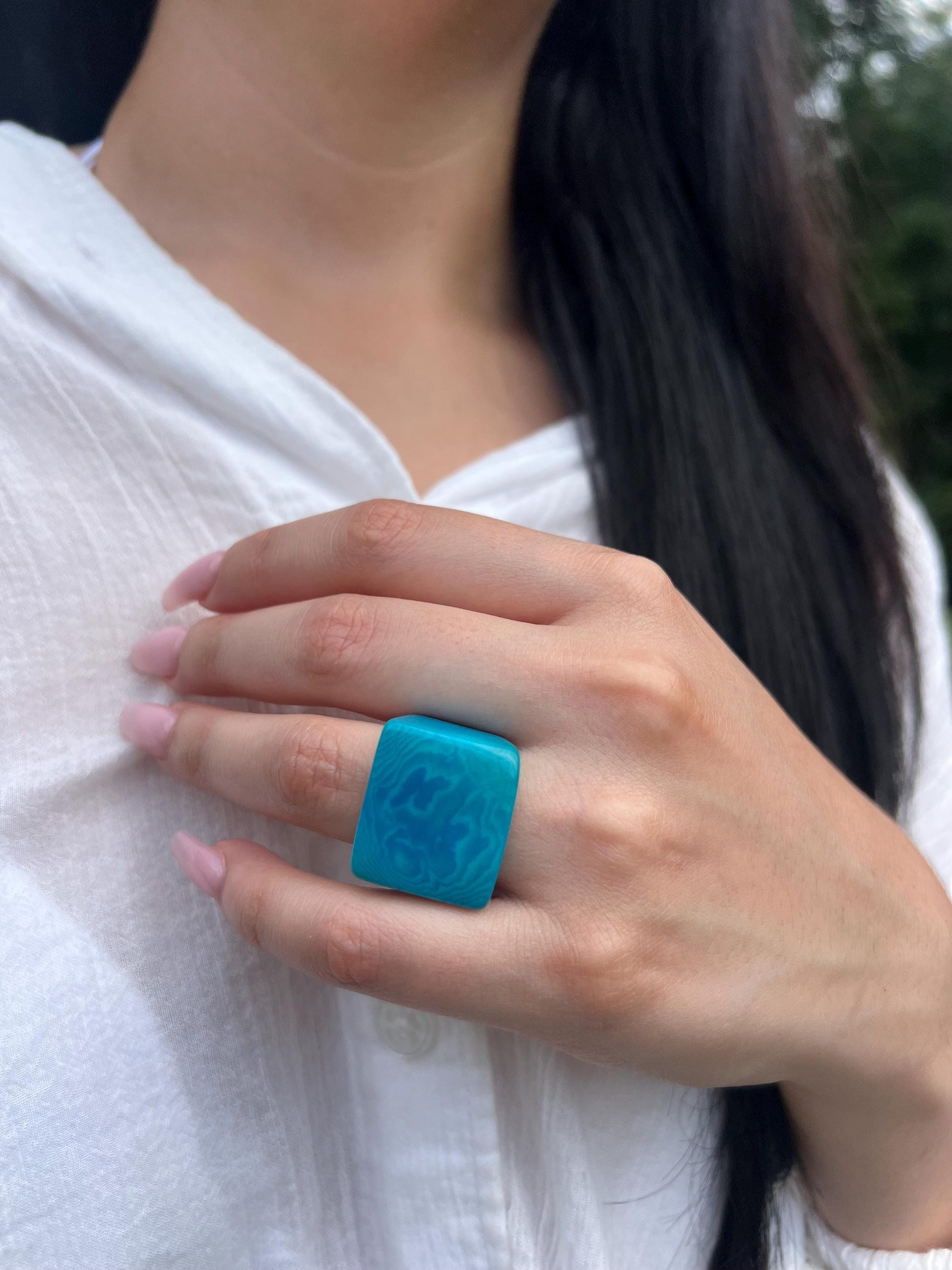 Turquoise blue cocktail ring Handmade ring made of Tagua nut Huge beaded rings