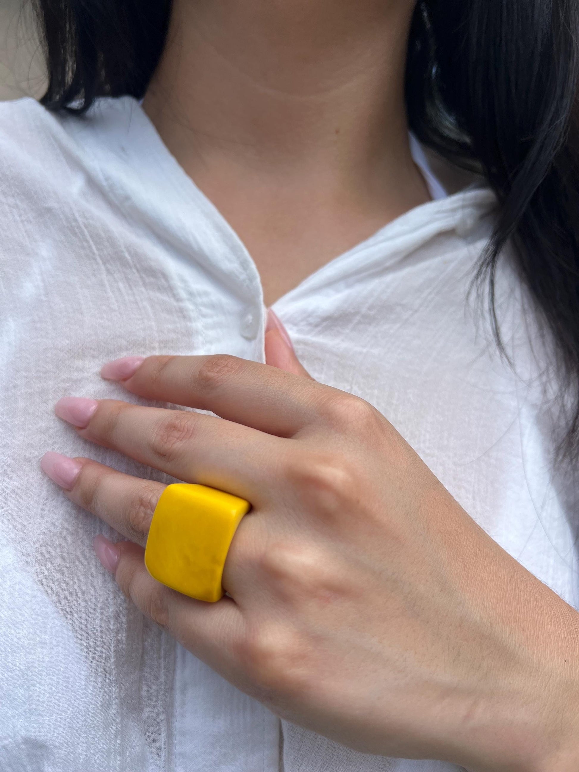 Big yellow ring Unisex oversized rings Tagua jewelry Geometric square ring Wearable art Statement cuff ring Fashion ring thick band Handmade